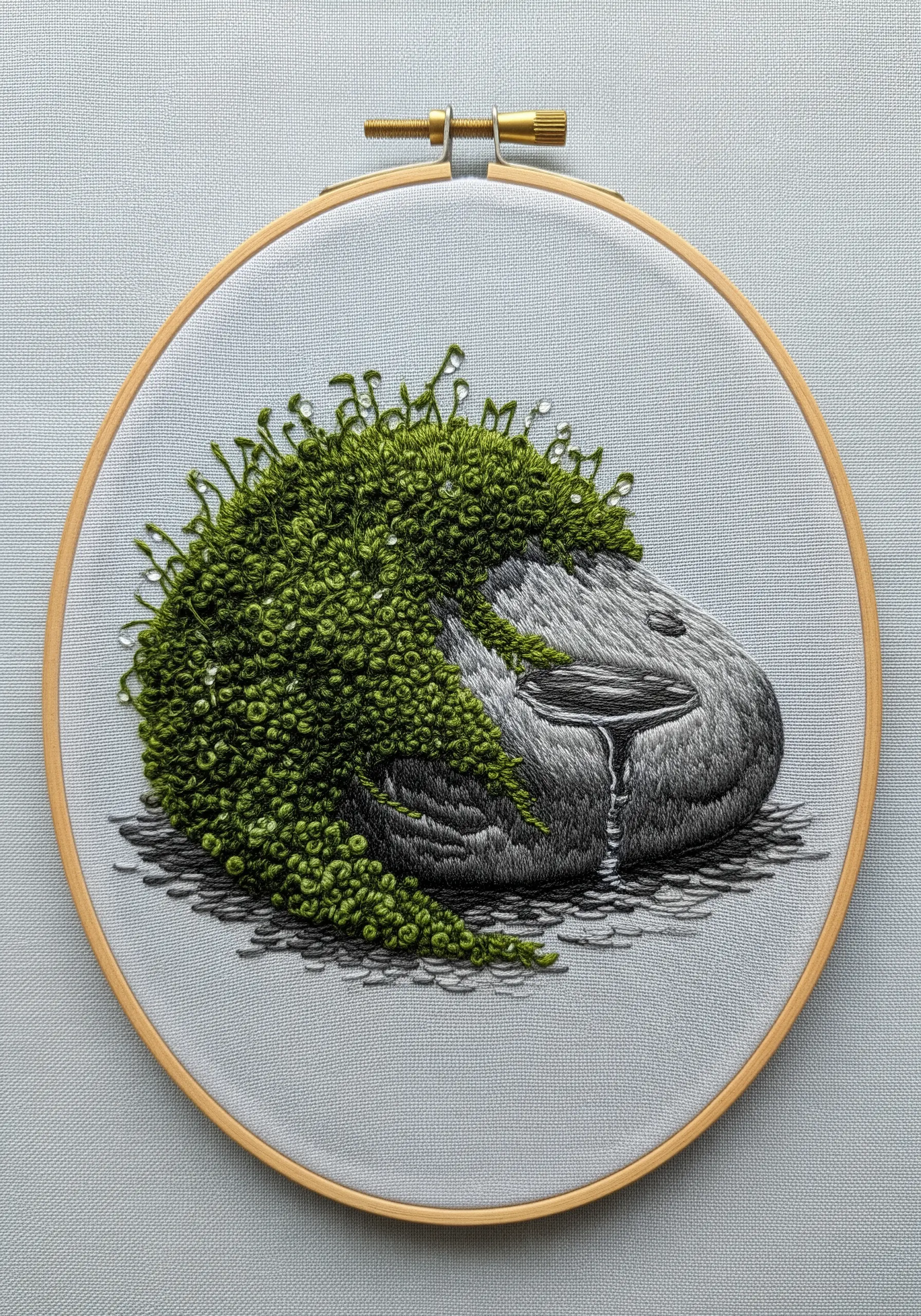 Embroidery of a moss-covered rock, with tiny clear beads acting as water droplets.