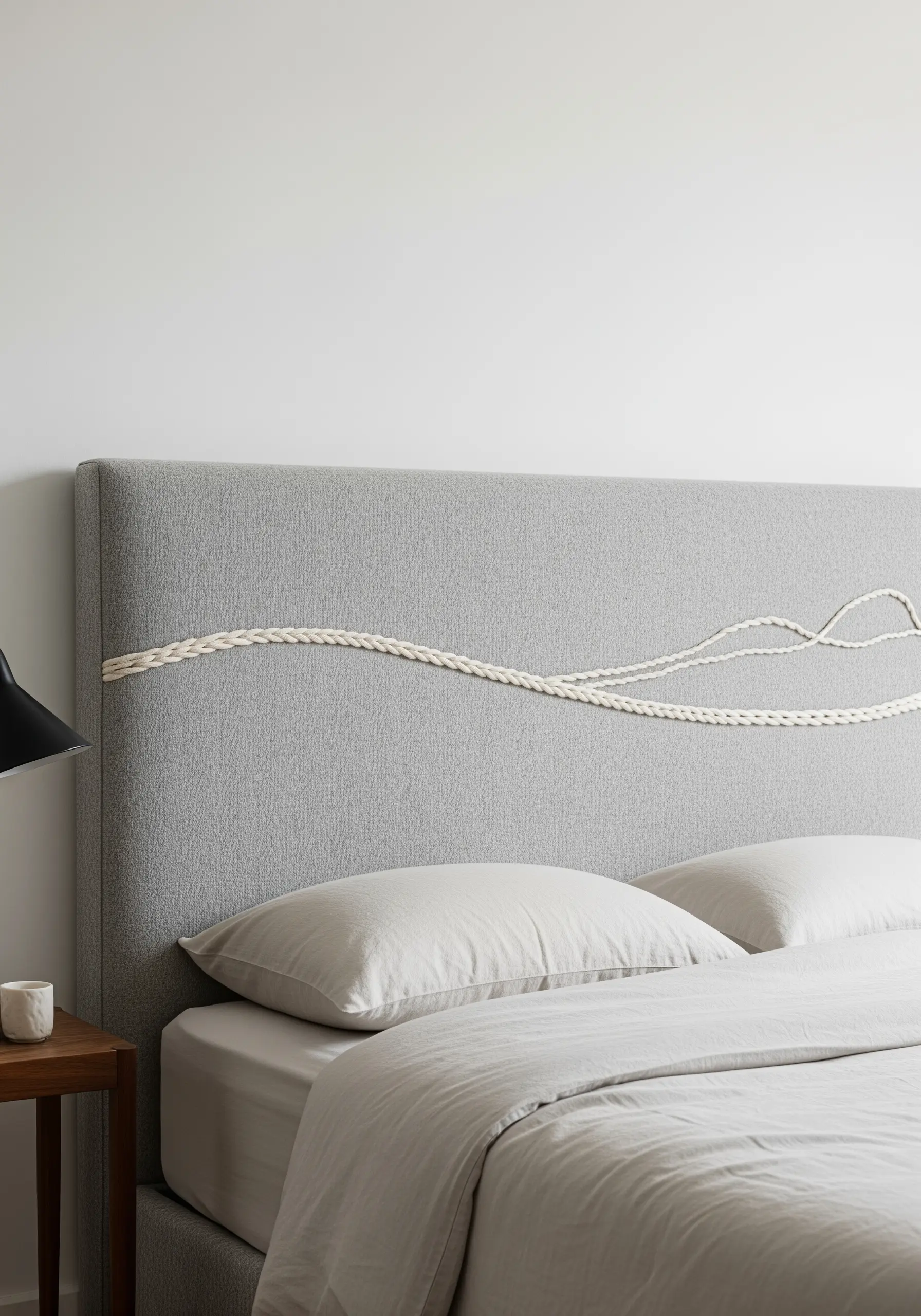 A grey upholstered headboard embellished with a flowing, abstract line of couched white rope.