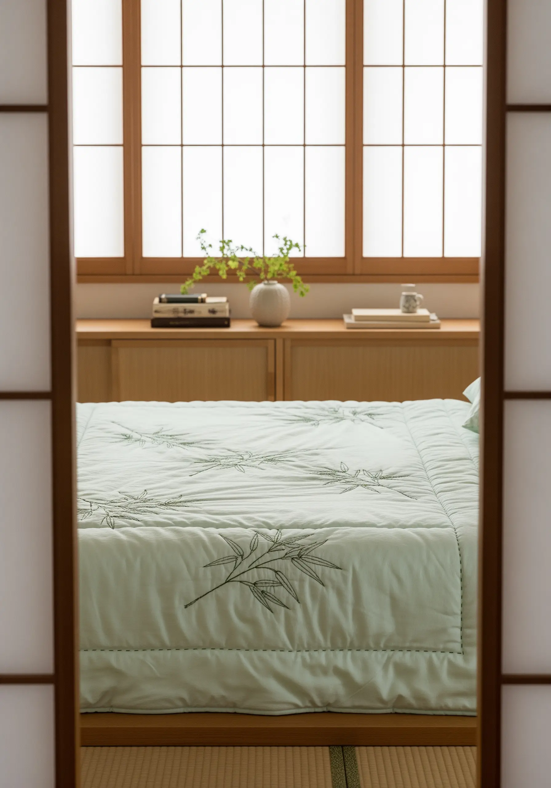 Minimalist bamboo branches embroidered in dark thread on a pale green quilt.