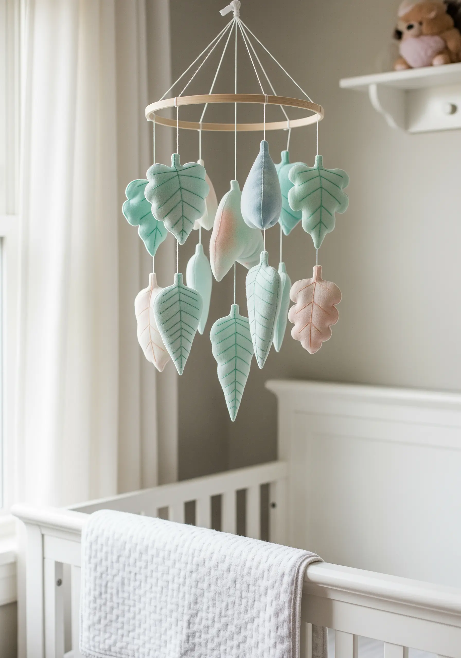 A baby mobile made of soft, stuffed felt leaves in pastel mint and peach with simple stitching.