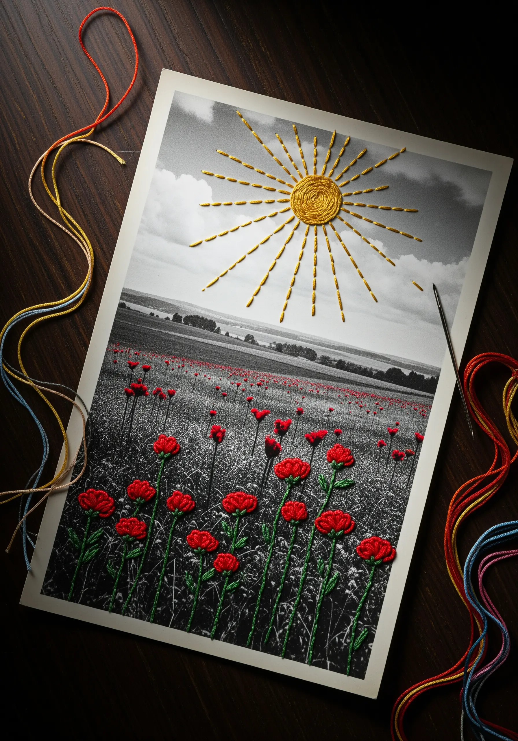 A black and white photo of a poppy field with the sun and flowers selectively embroidered in color.