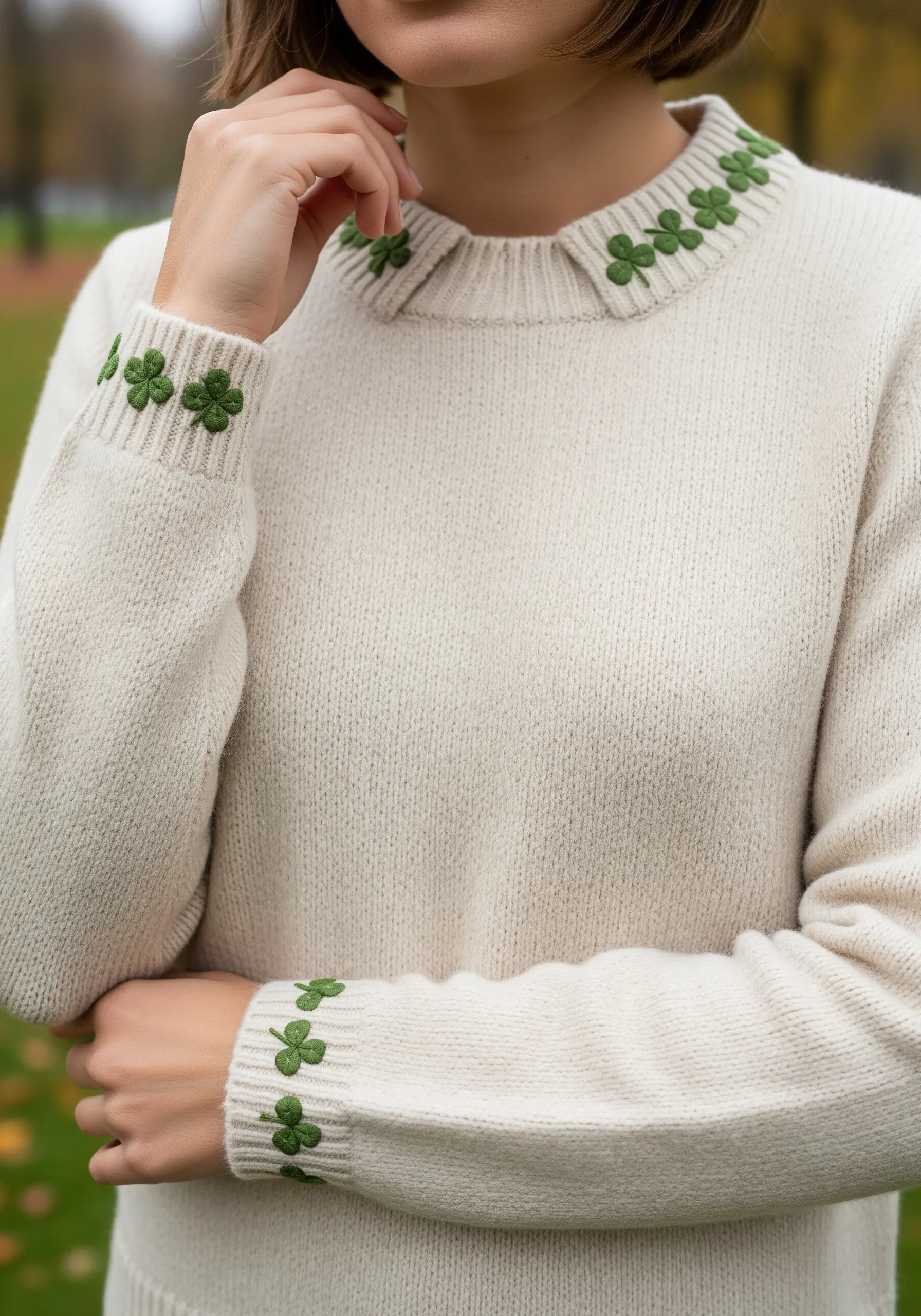 Cream knit sweater with small green four-leaf clovers embroidered on the collar and cuffs