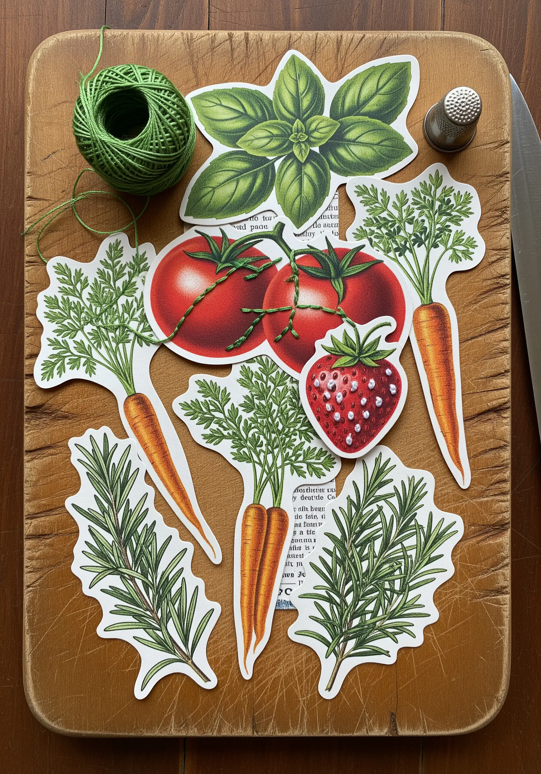 Paper cutouts of vegetables and herbs with subtle hand-stitched details, like on the tomatoes.