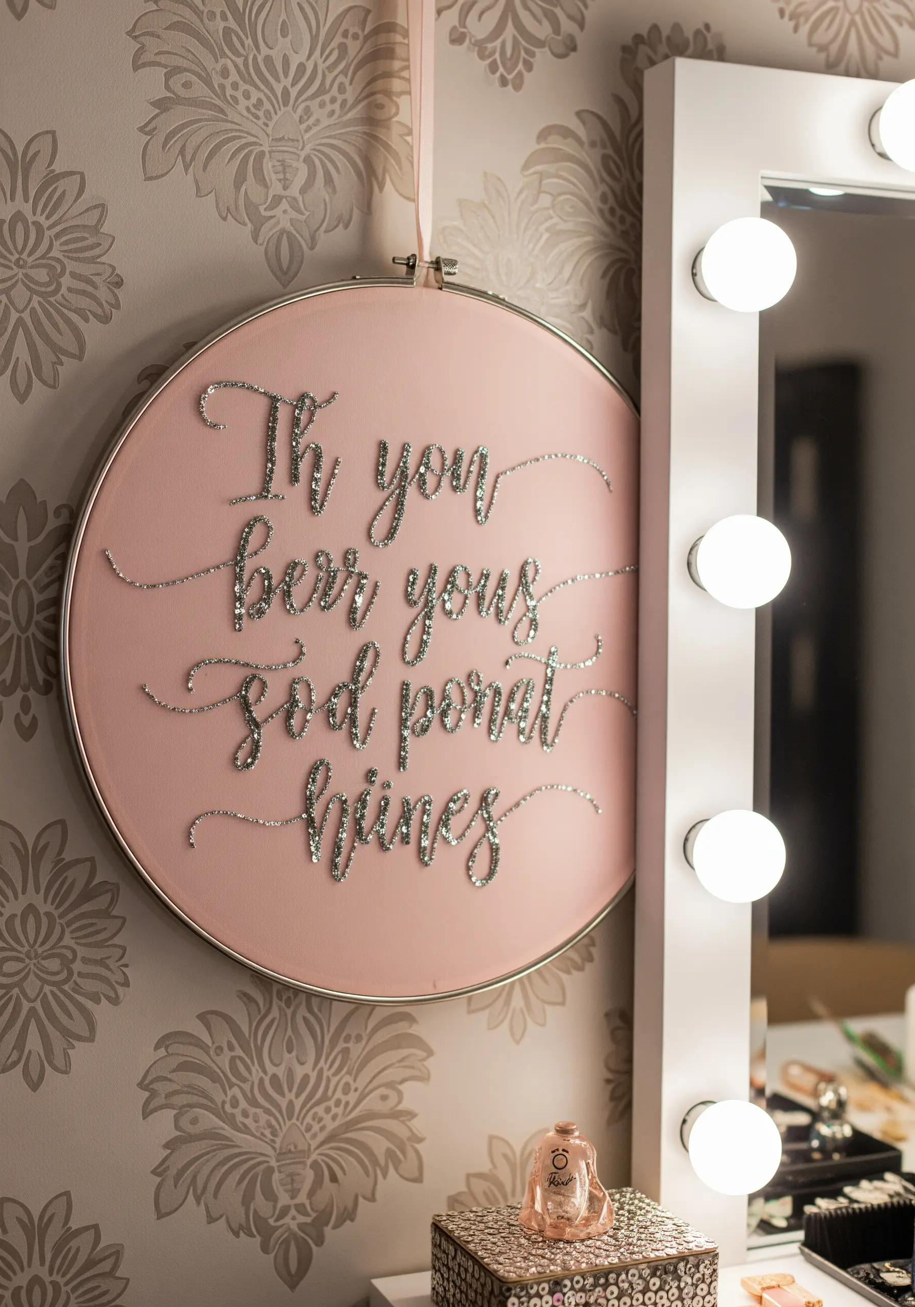 Silver glitter thread embroidered in a script font on pink fabric.