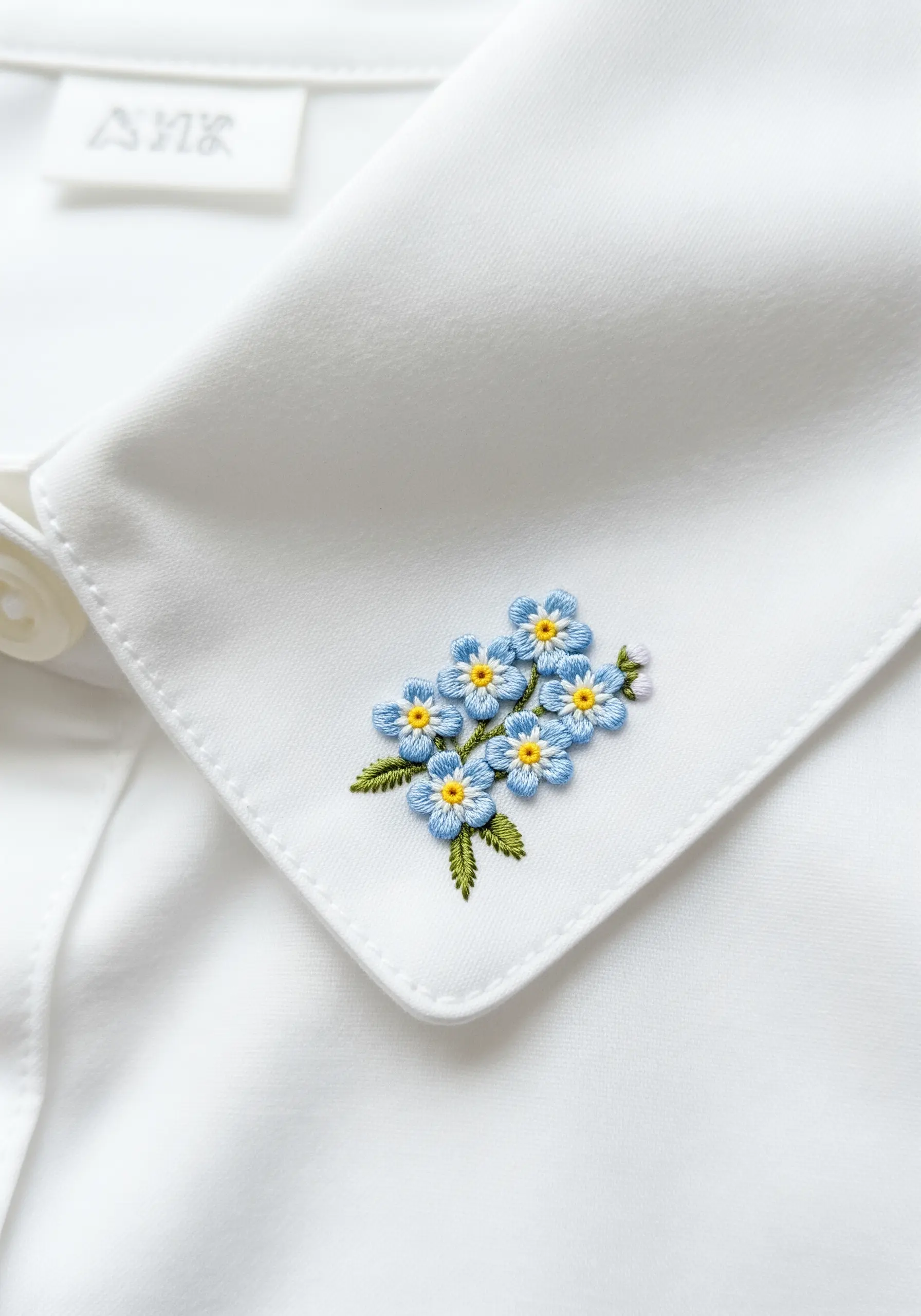 A small bouquet of blue forget-me-not flowers embroidered on the collar of a white shirt.
