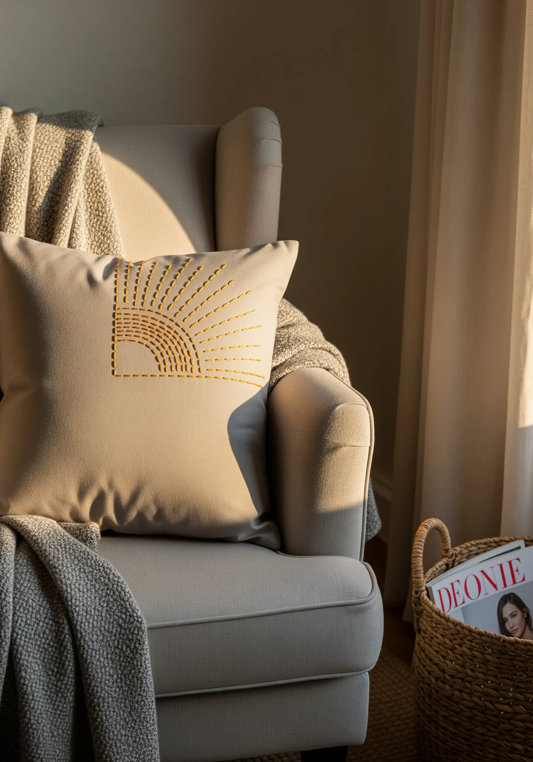 A minimal sunburst motif with radiating yellow stitches on a beige pillow.