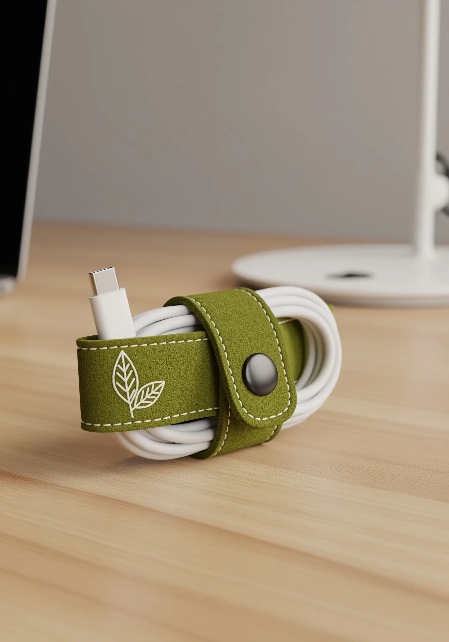 An olive green faux suede cable tie with minimalist white leaf embroidery.