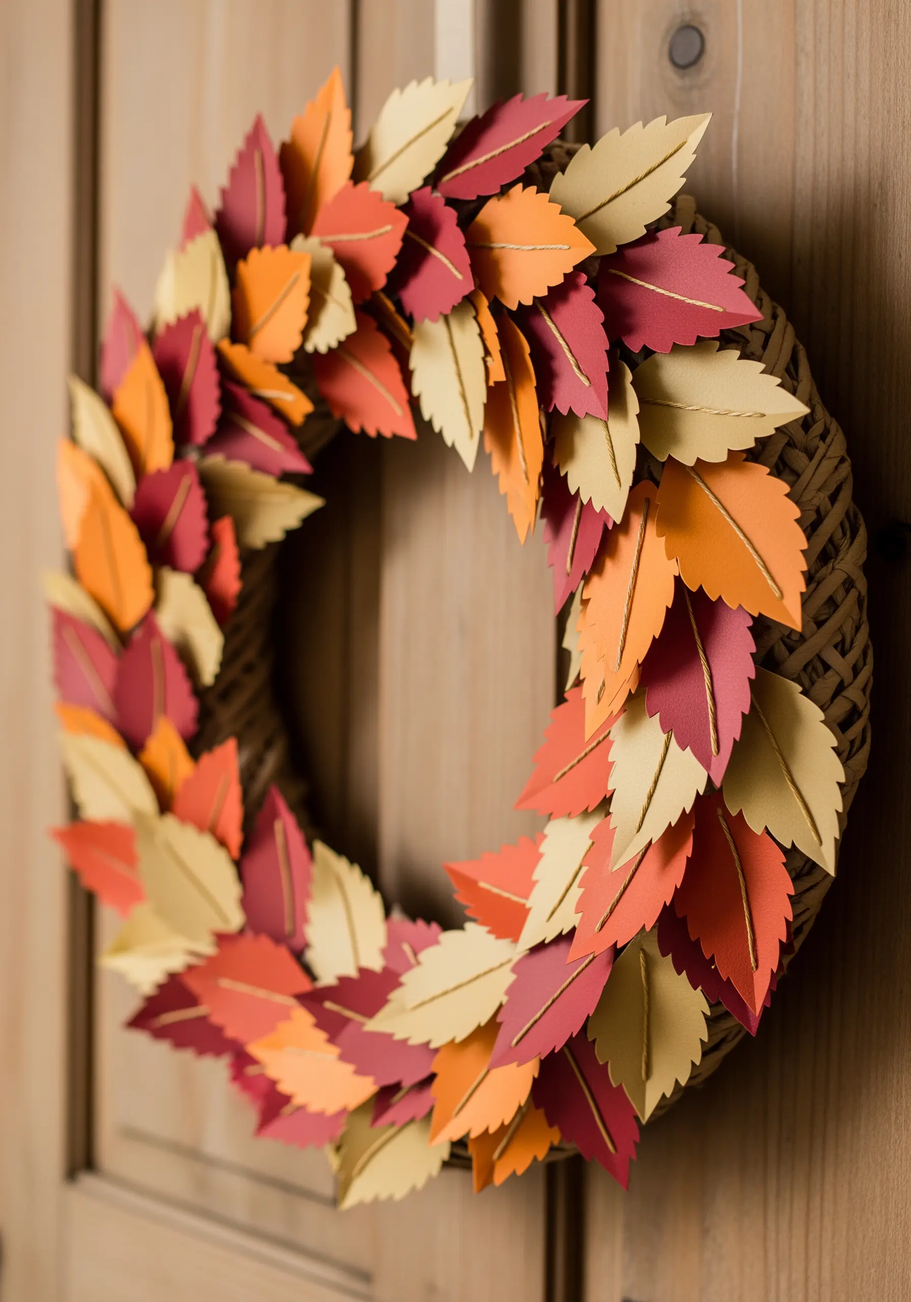 A beautiful autumn wreath made of layered paper leaves in shades of red, orange, and yellow.