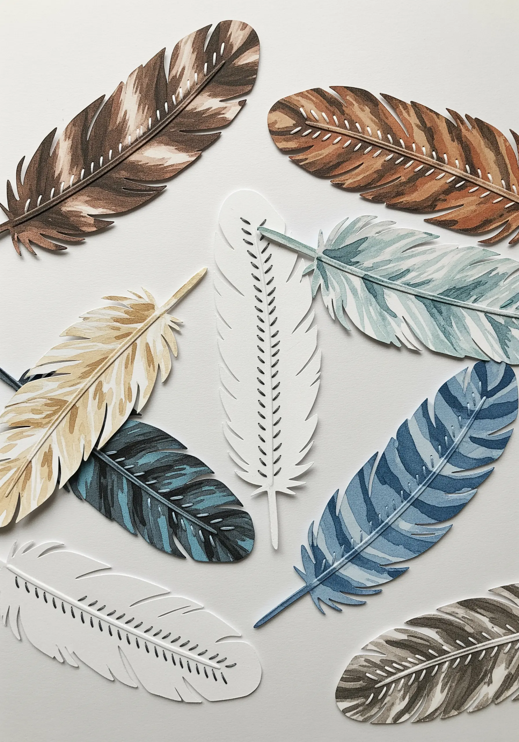 A collection of watercolor paper feathers, some with a simple line of hand-stitching down the center.