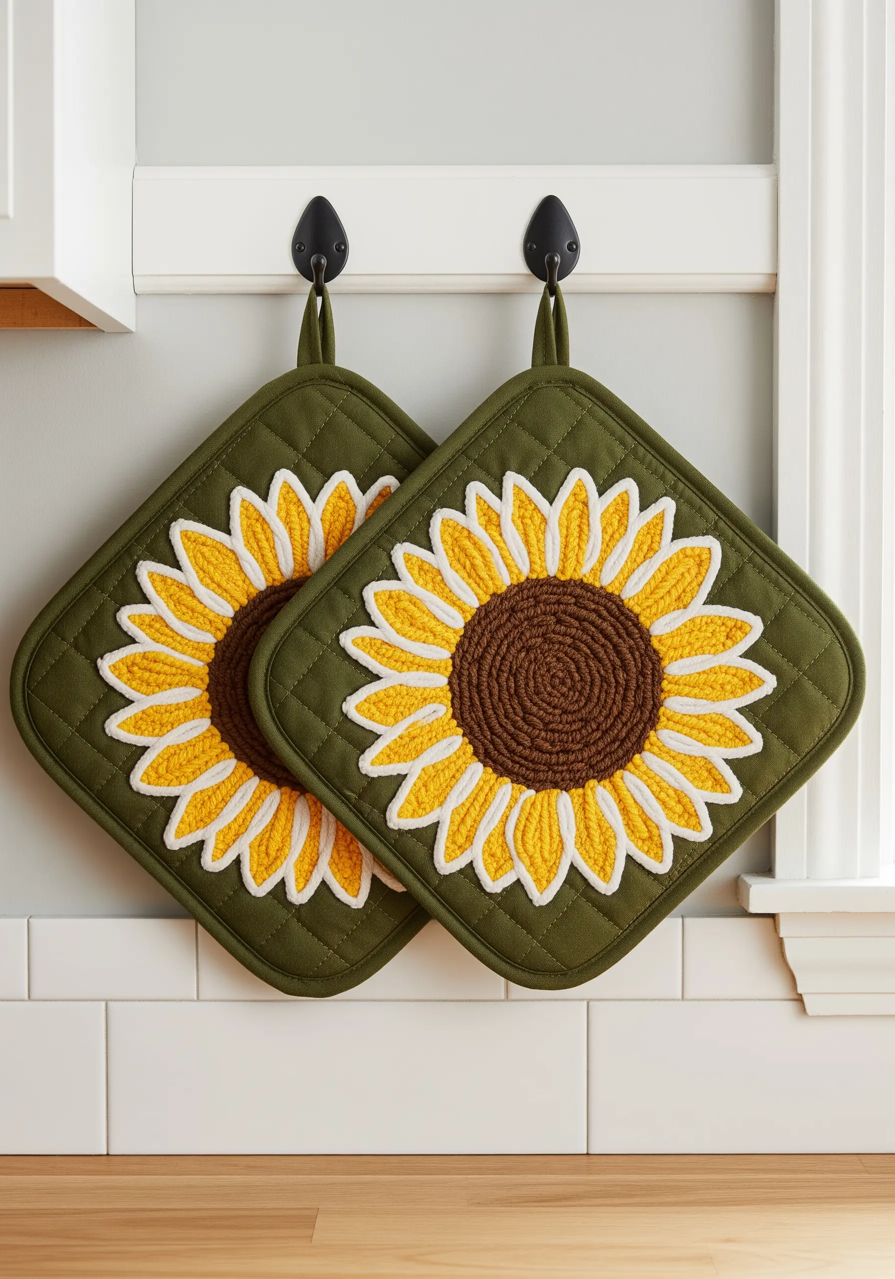 Quilted potholders with dimensional sunflowers featuring raised petals outlined in white.