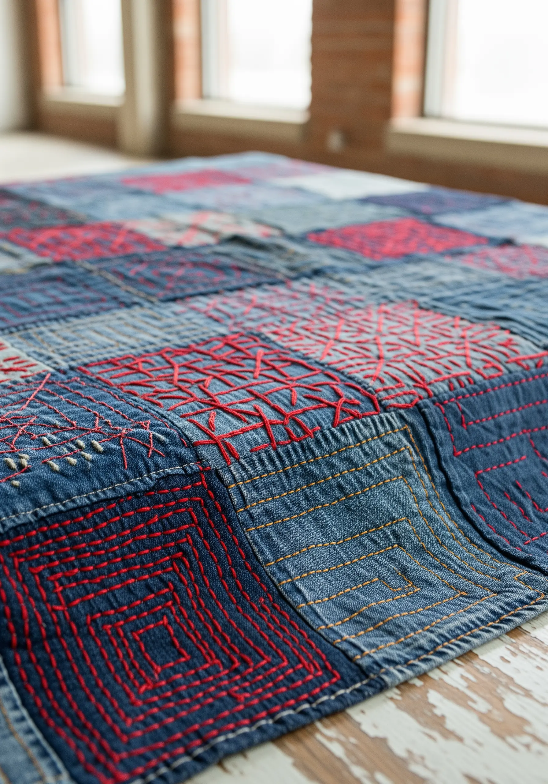 A patchwork quilt made from denim scraps, heavily embellished with red Sashiko stitching.