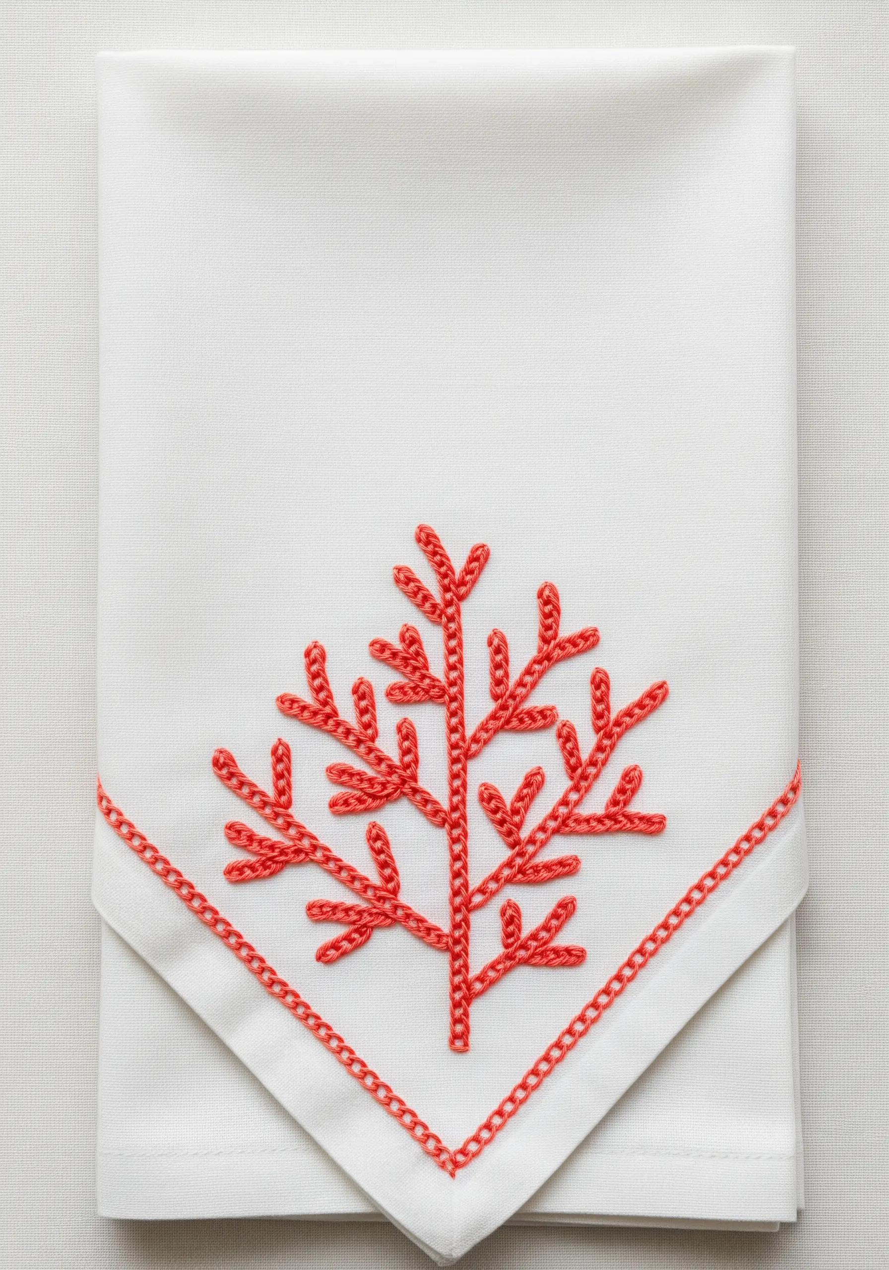A coral-colored branch motif stitched with a heavy chain stitch on a white napkin.