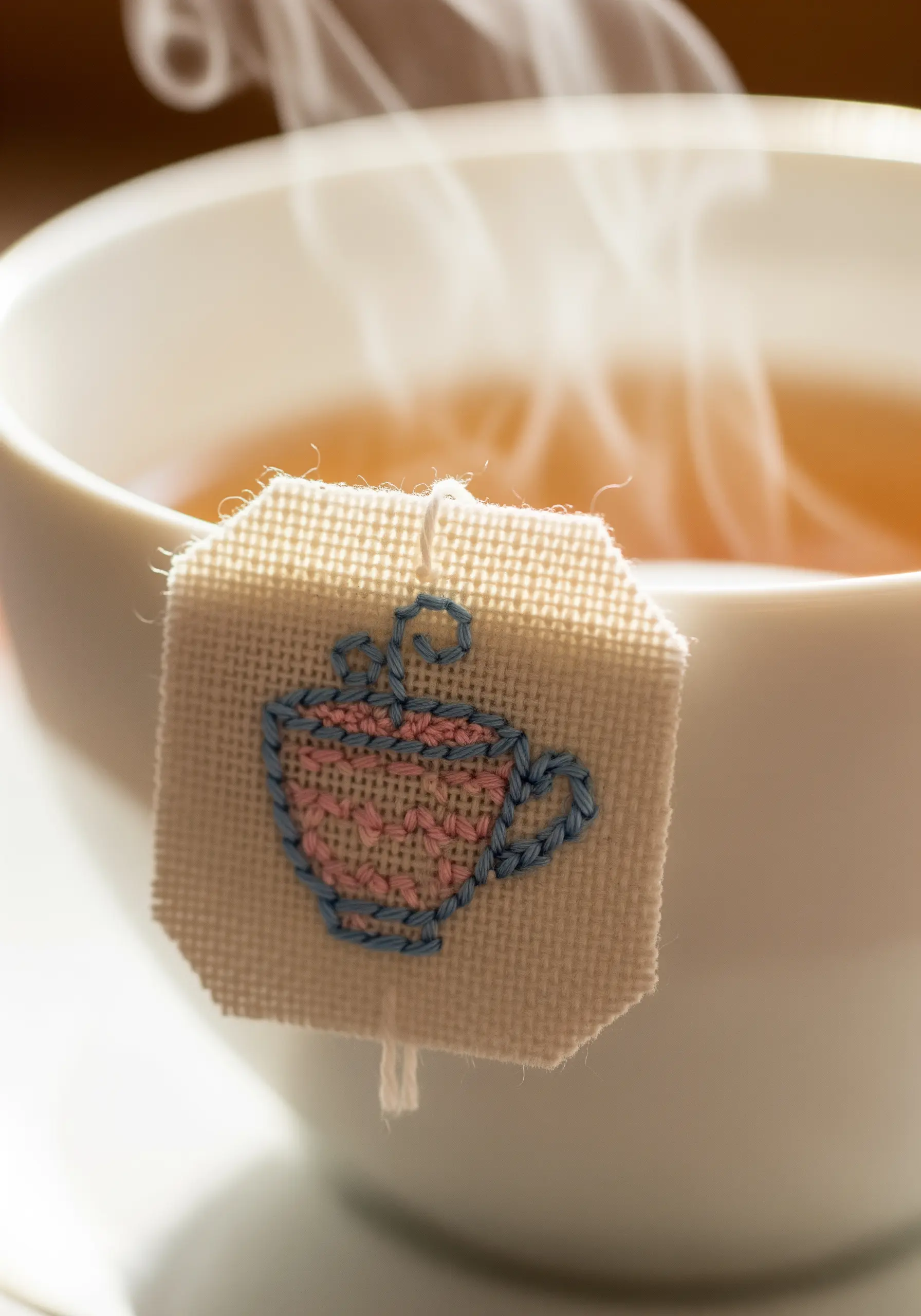A tiny embroidered tea bag tag with a cross-stitched pink and blue teacup.