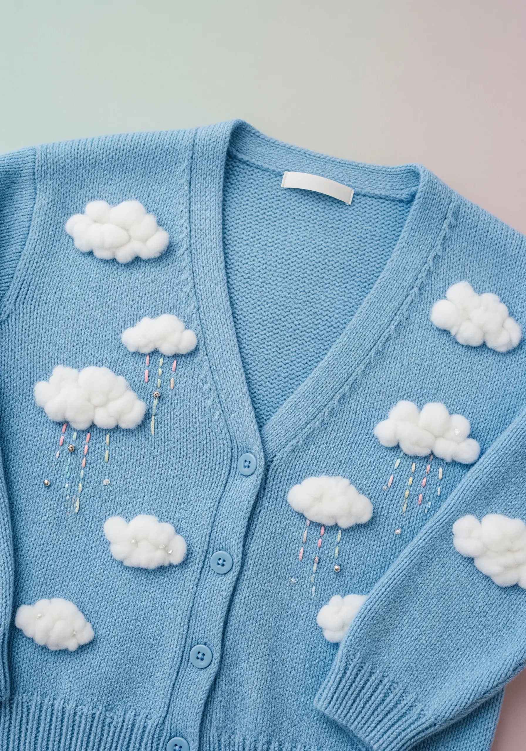Fluffy white felted clouds with beaded rainbow rain on a blue cardigan.