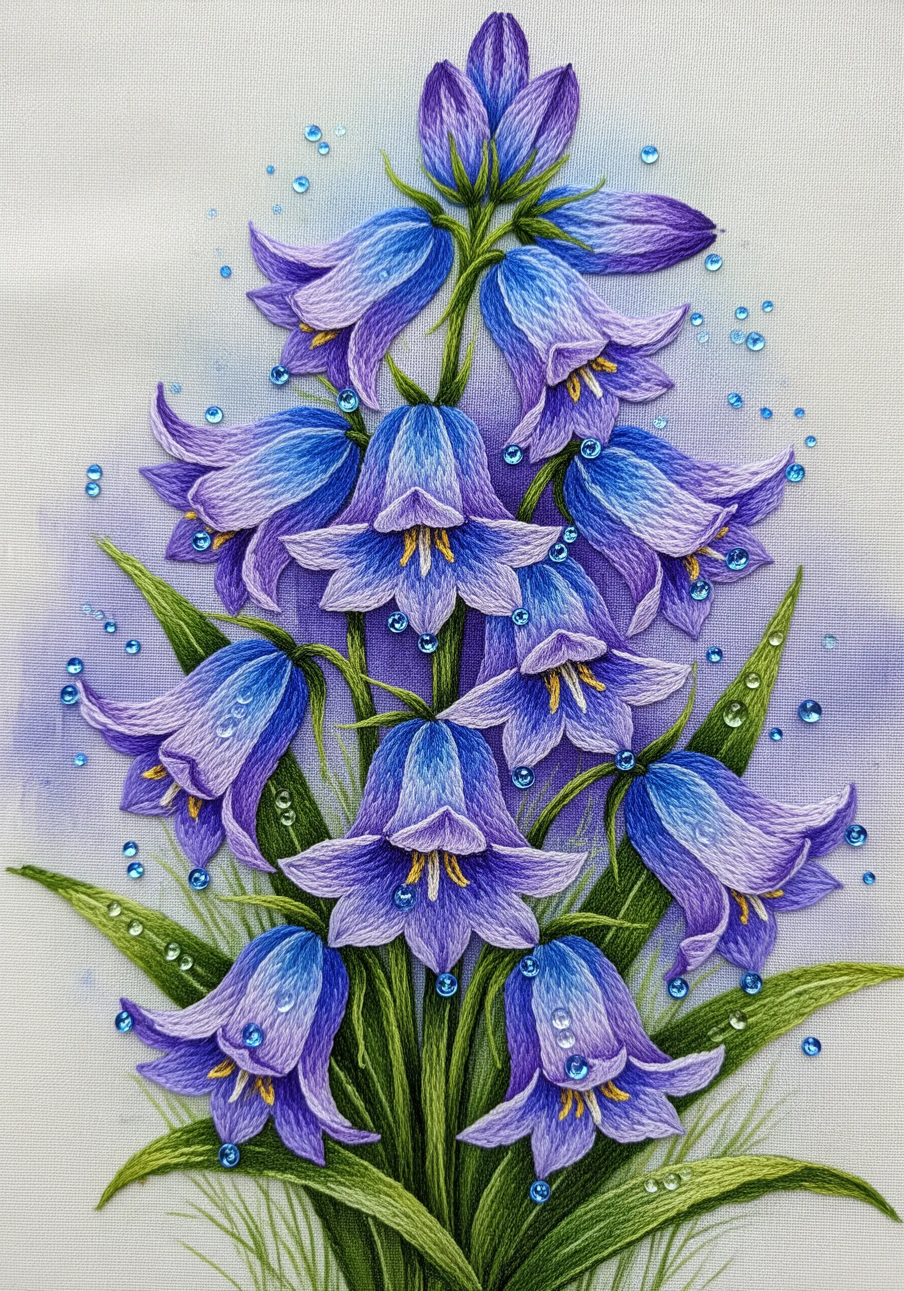 Bluebell flower embroidery with a soft, painted purple watercolor background on white fabric.