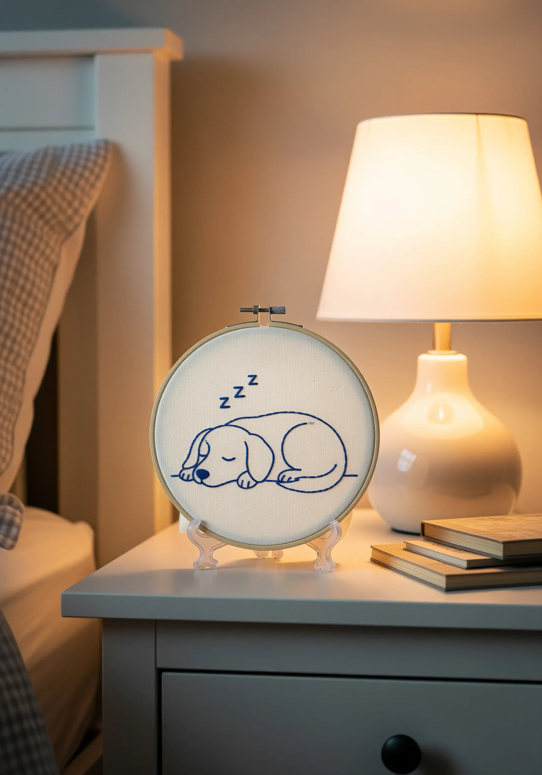 Minimalist embroidery of a sleeping puppy with 'Zzz' stitched above its head.