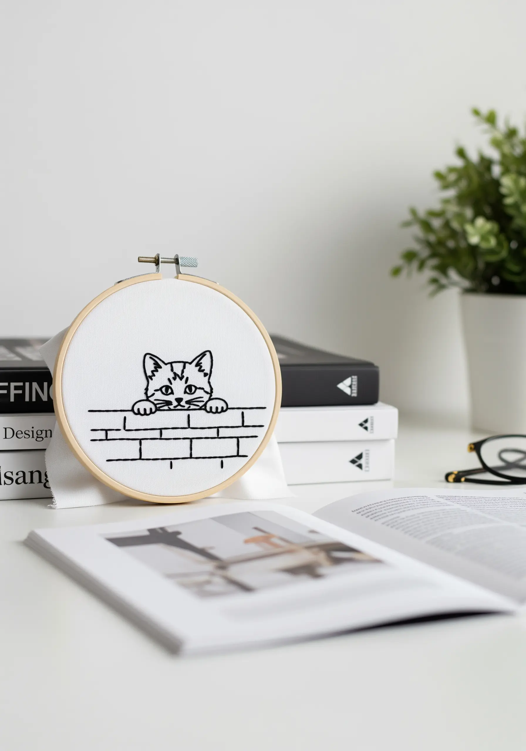 Embroidery of a cat peeking over a backstitched brick wall.