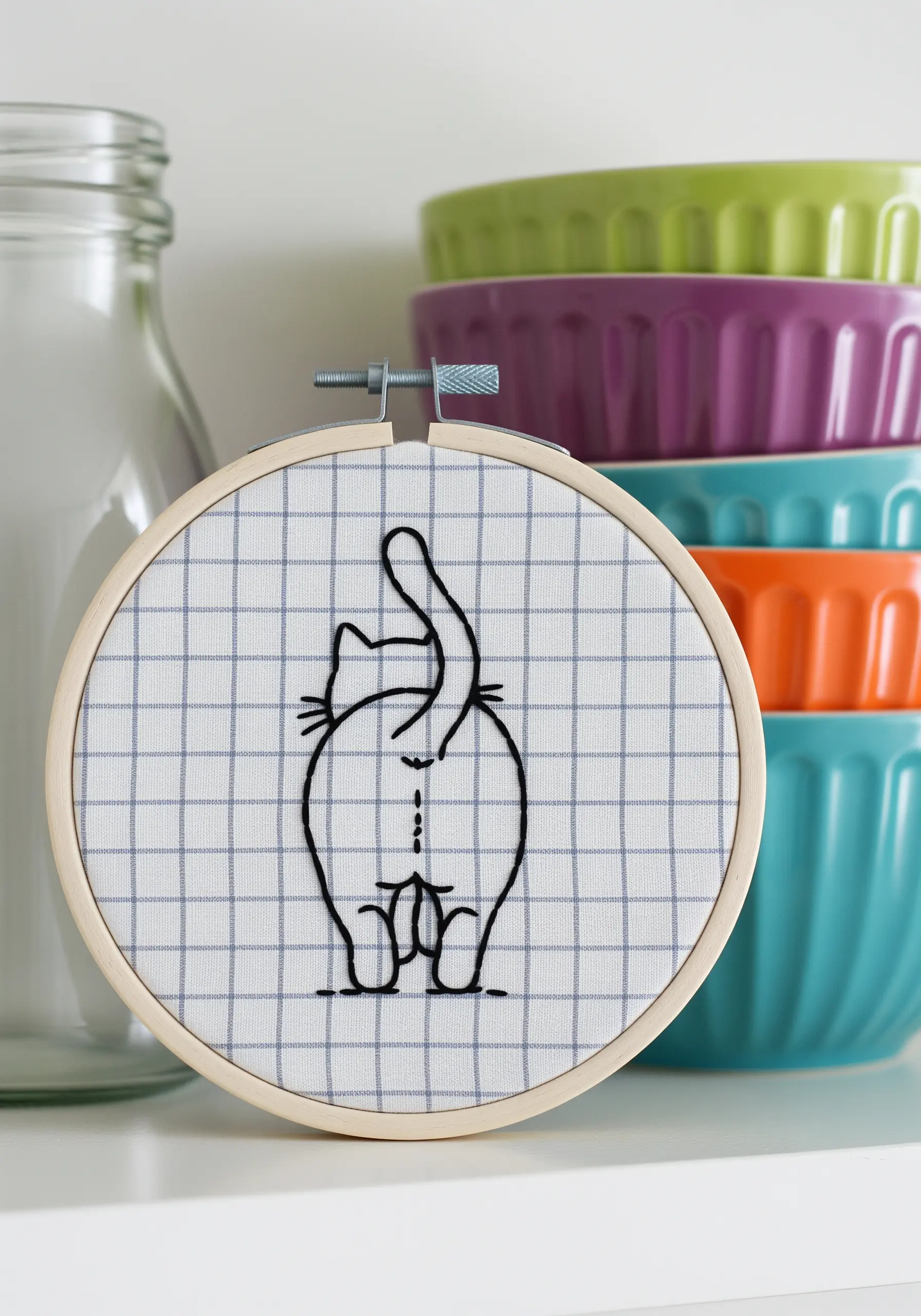A funny embroidery of a cat's behind, stitched on a blue and white grid fabric.