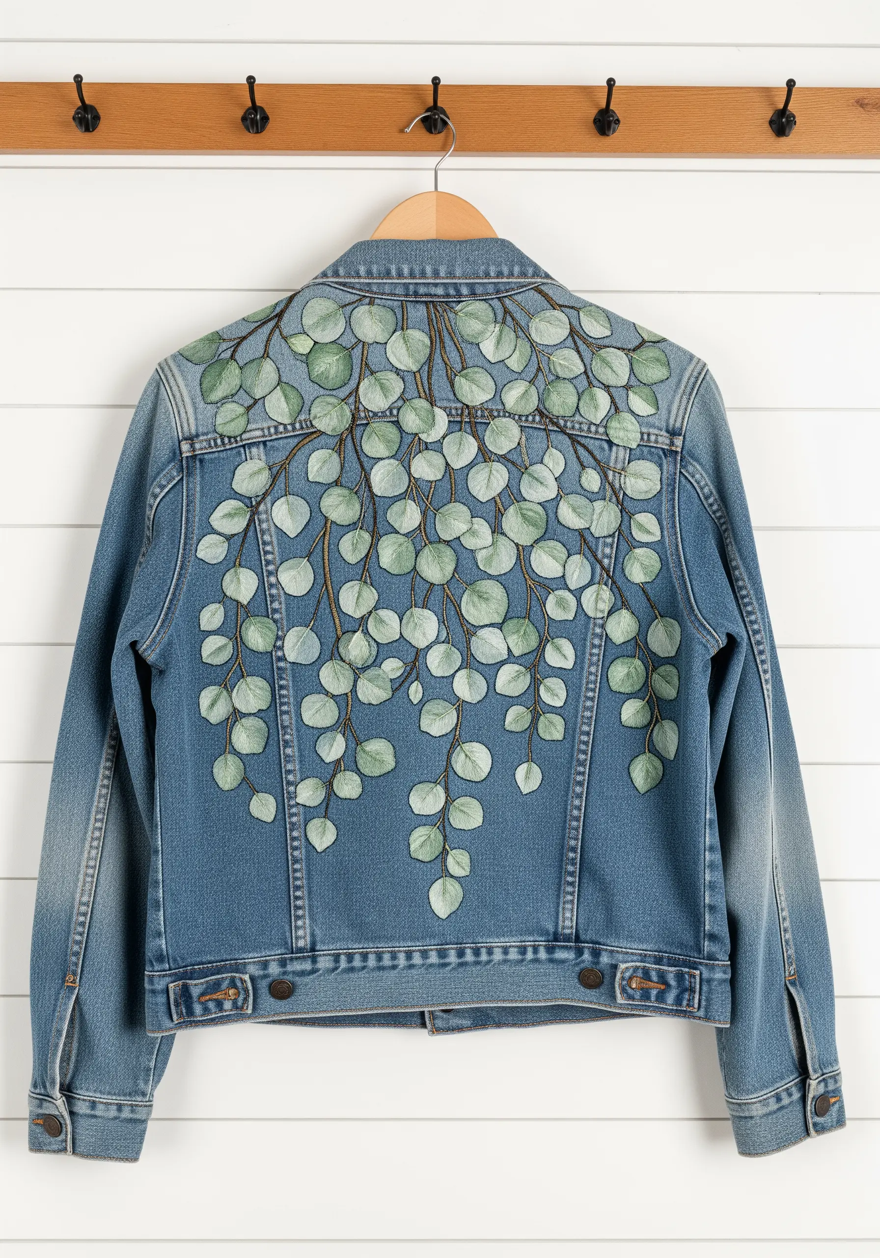 Denim jacket with a cascade of embroidered eucalyptus leaves across the back
