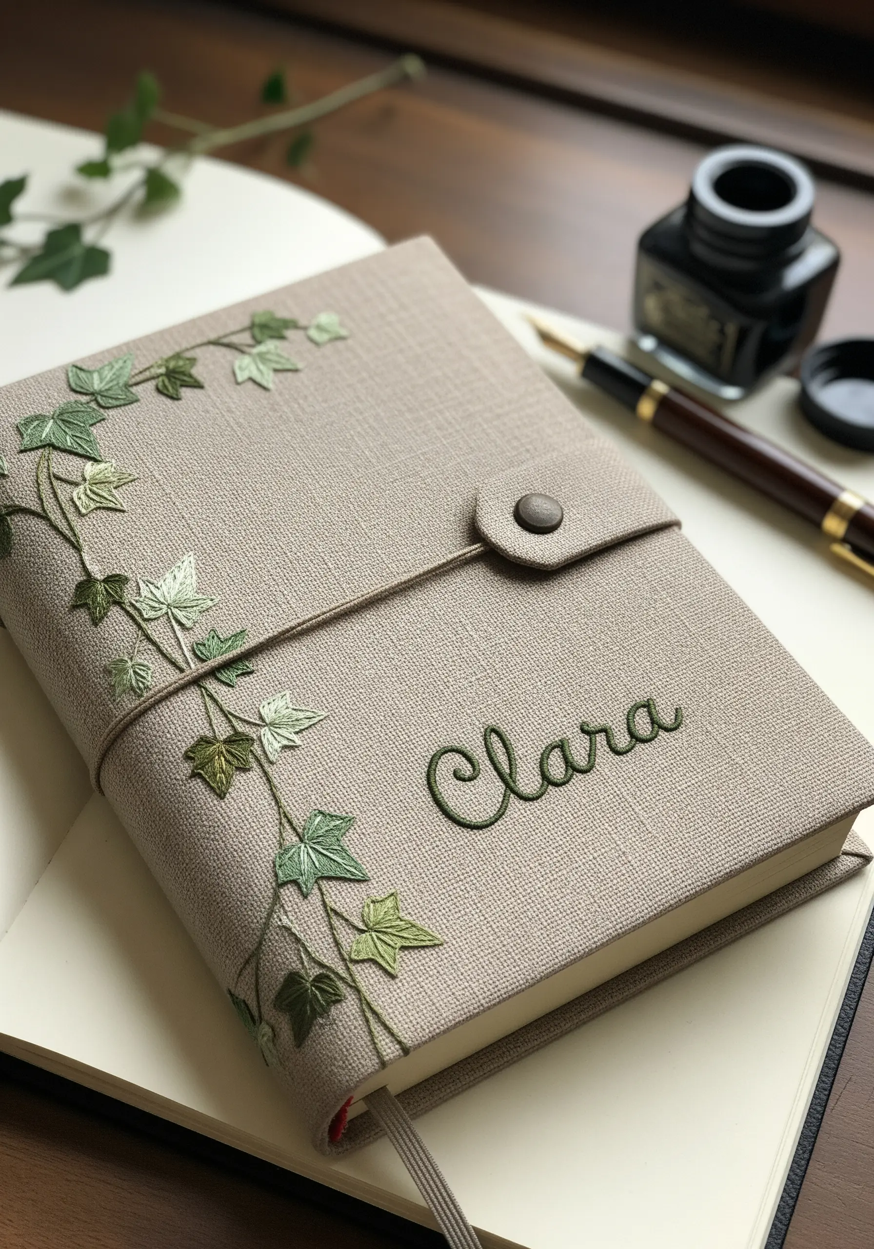 Green ivy leaves embroidered along the spine and cover of a linen journal.