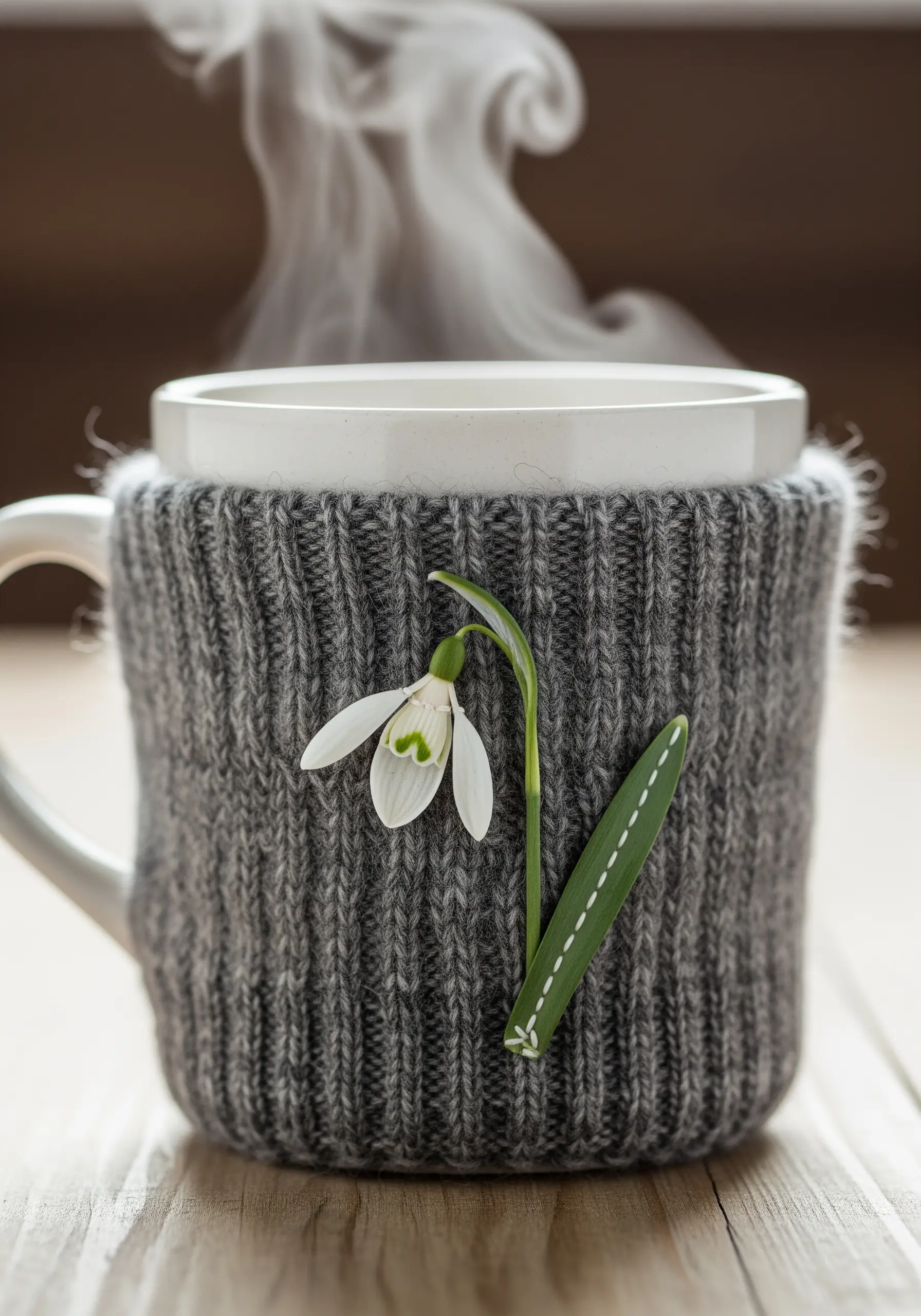A grey knitted mug cozy decorated with a single real snowdrop flower and minimal stitching.
