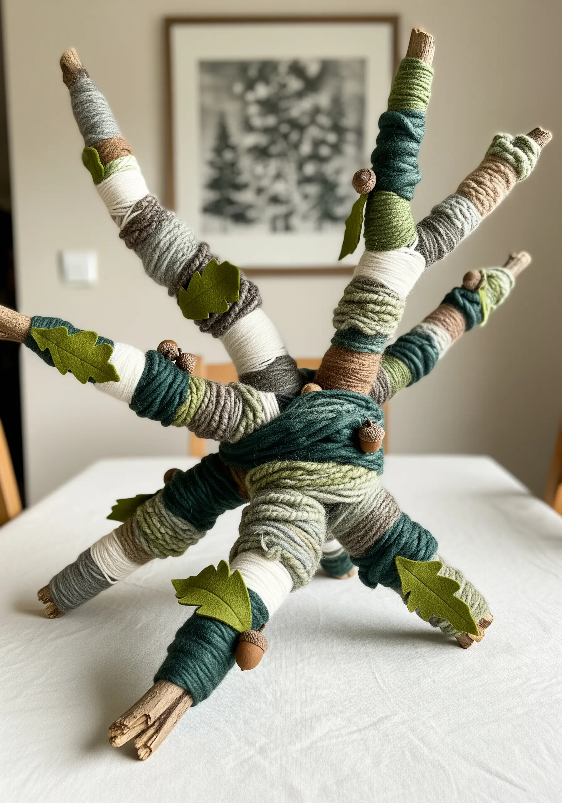 A centerpiece made of branches wrapped in green and neutral-toned yarns, accented with felt leaves.
