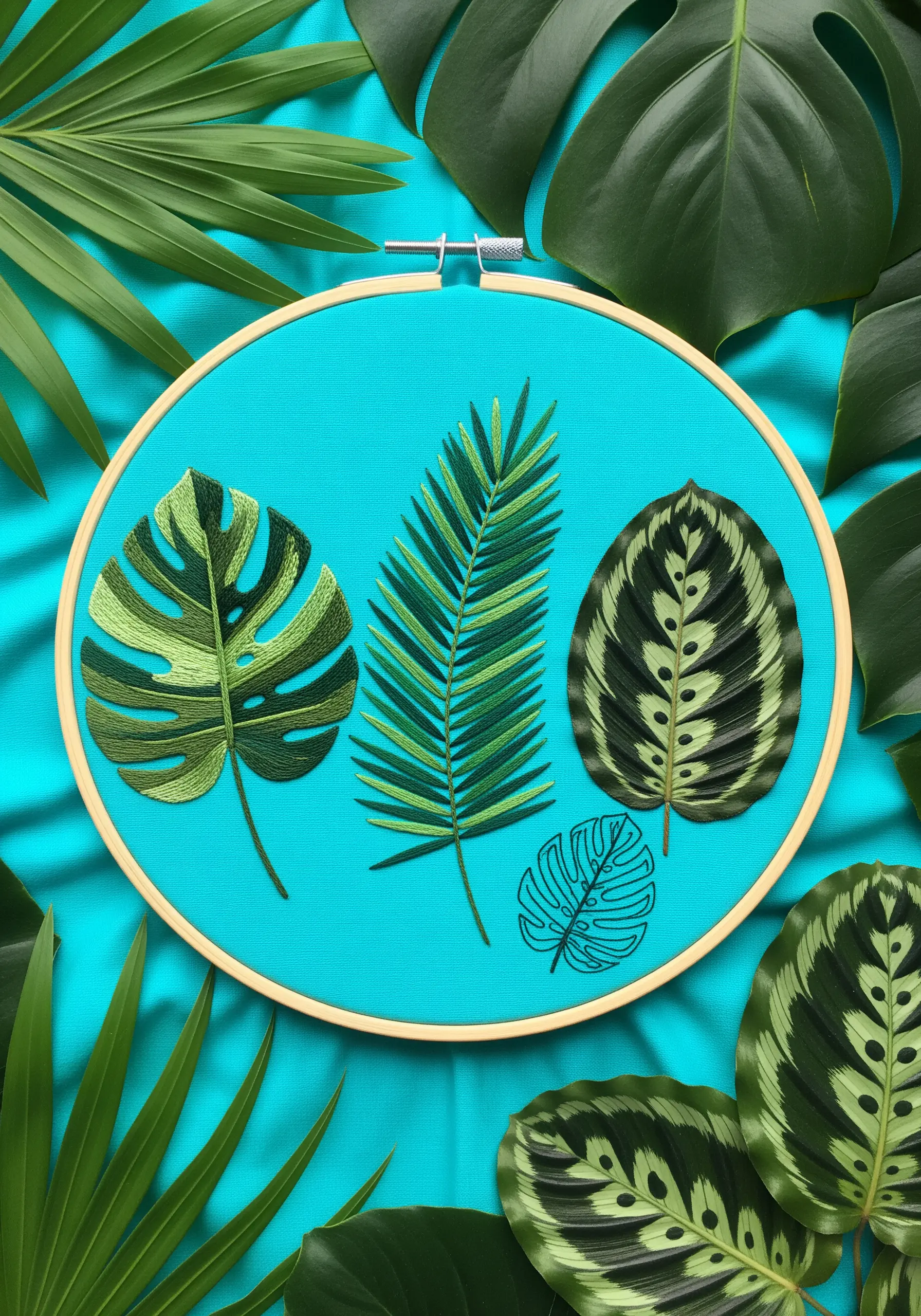 Three intricately embroidered tropical leaves, including a monstera and calathea, on blue fabric.