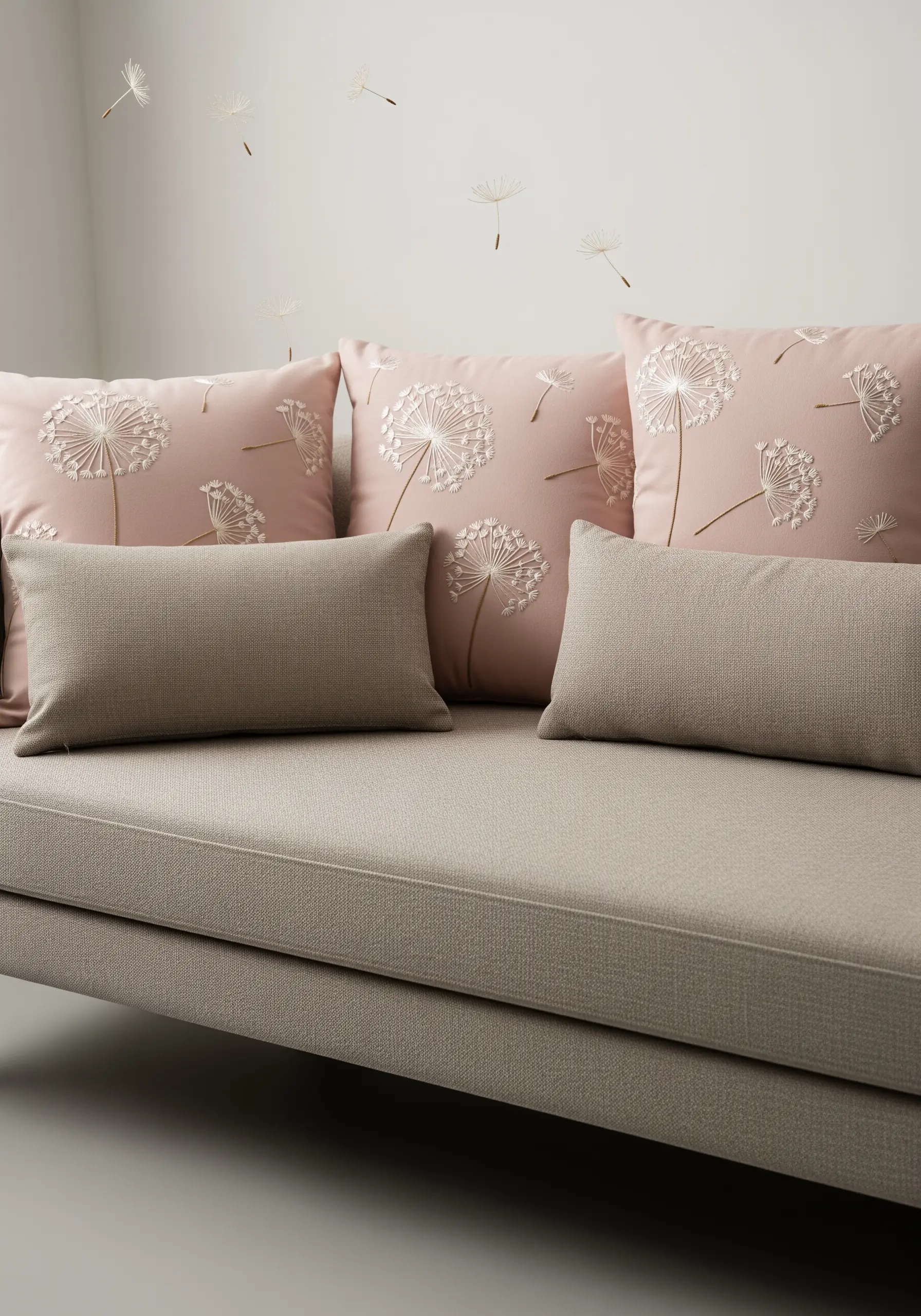 Delicate dandelion seed heads embroidered on blush pillows with white thread.