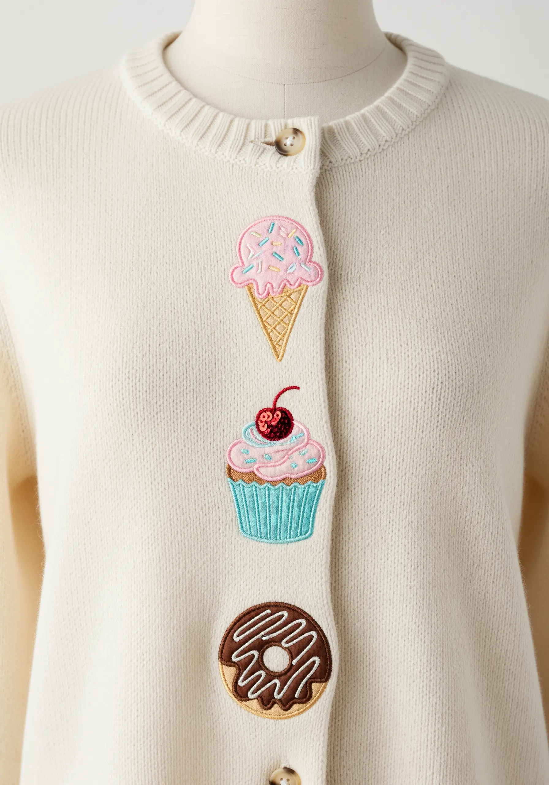 An ice cream cone, cupcake, and donut embroidered vertically down the front of a cream cardigan