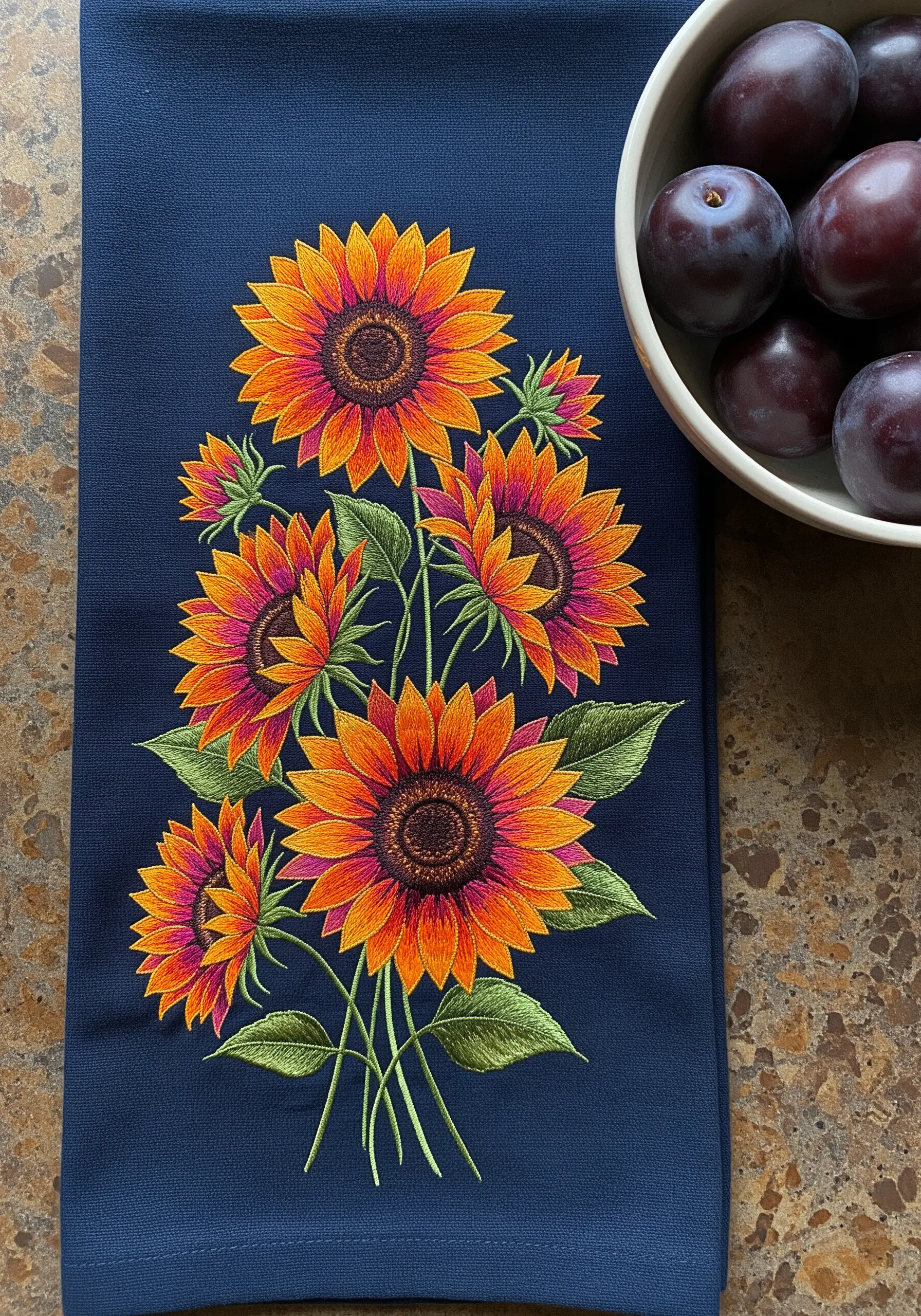 A vibrant bouquet of sunflowers with orange and pink petals embroidered on a navy blue towel
