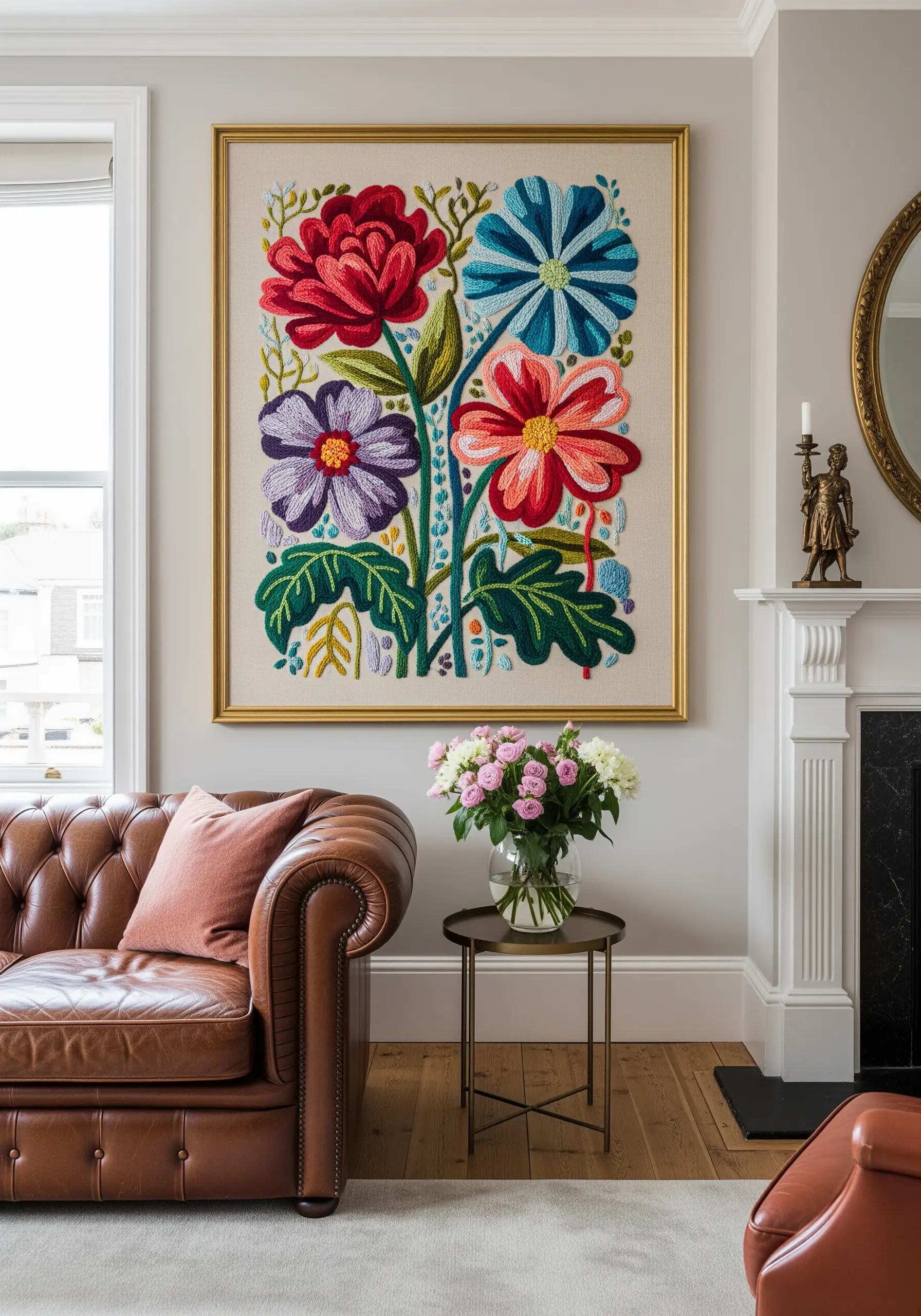 A large, framed crewel embroidery of colorful, stylized flowers hanging above a leather sofa.