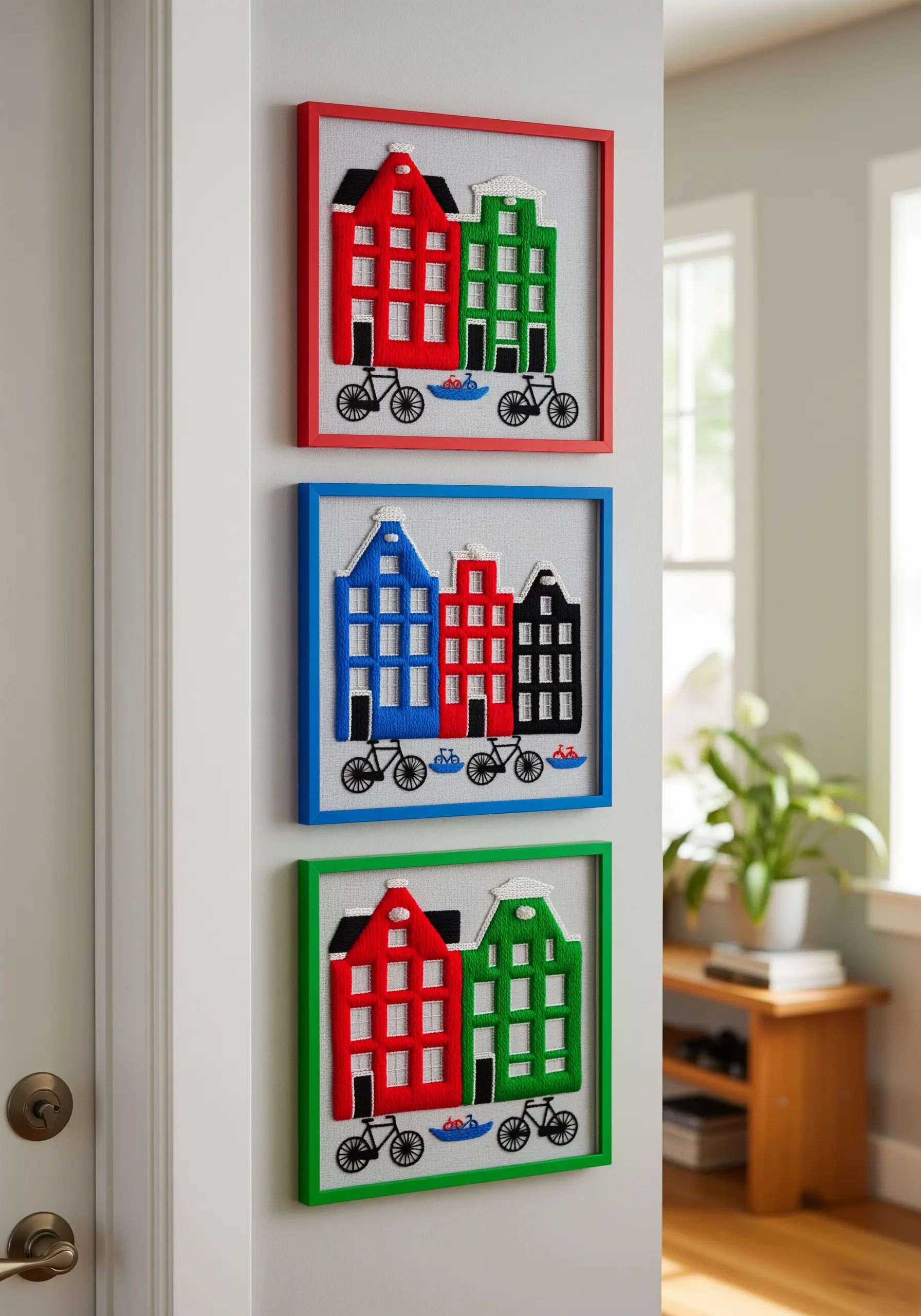 Triptych of embroidered Amsterdam canal houses with bold colors and thick stitches.