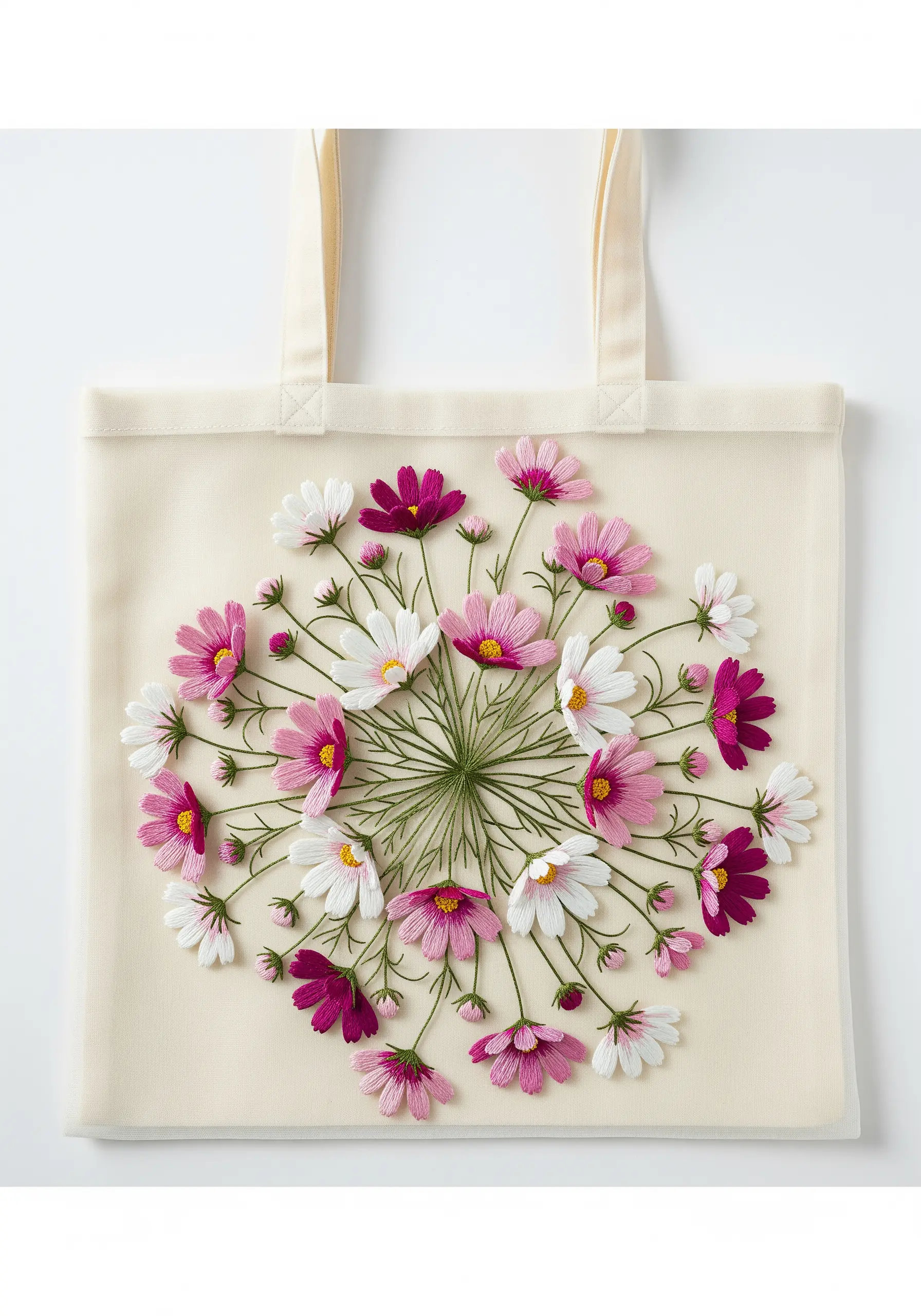 A bouquet-style mandala of pink, white, and magenta cosmos flowers on a cream tote bag.