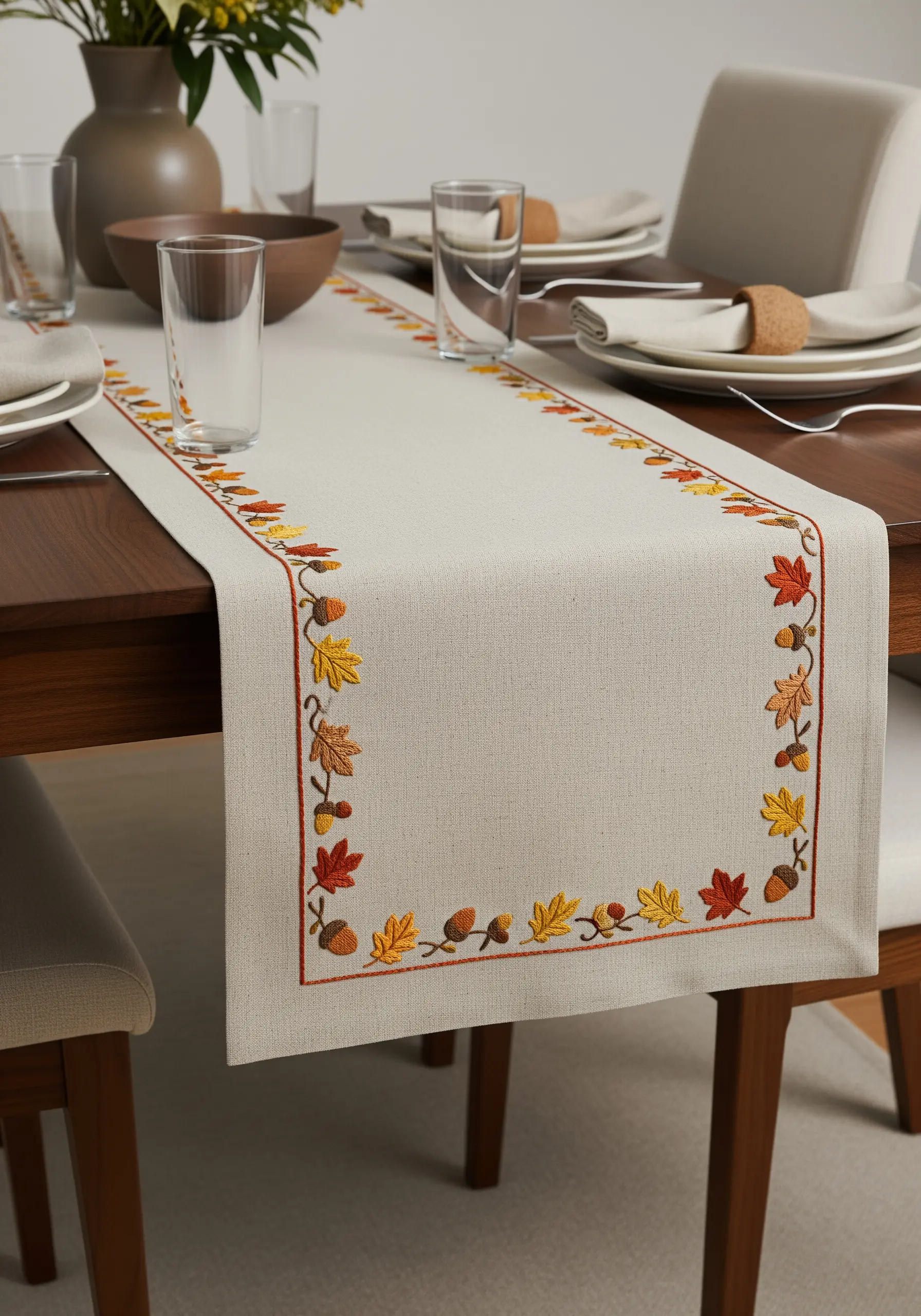 Table runner with an embroidered border of autumn leaves and acorns.