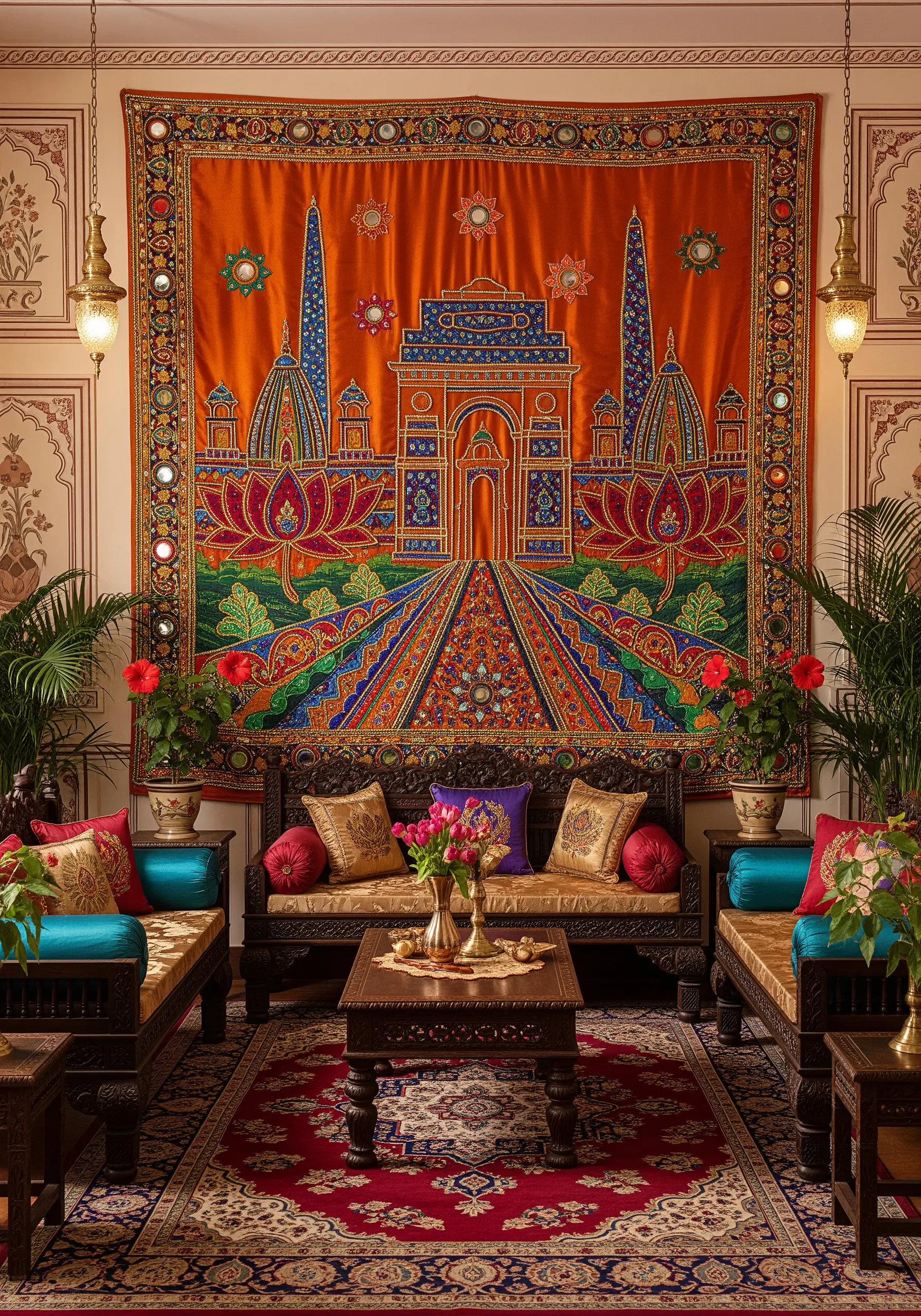 A large, ornate embroidered tapestry of New Delhi in vibrant orange and blue.