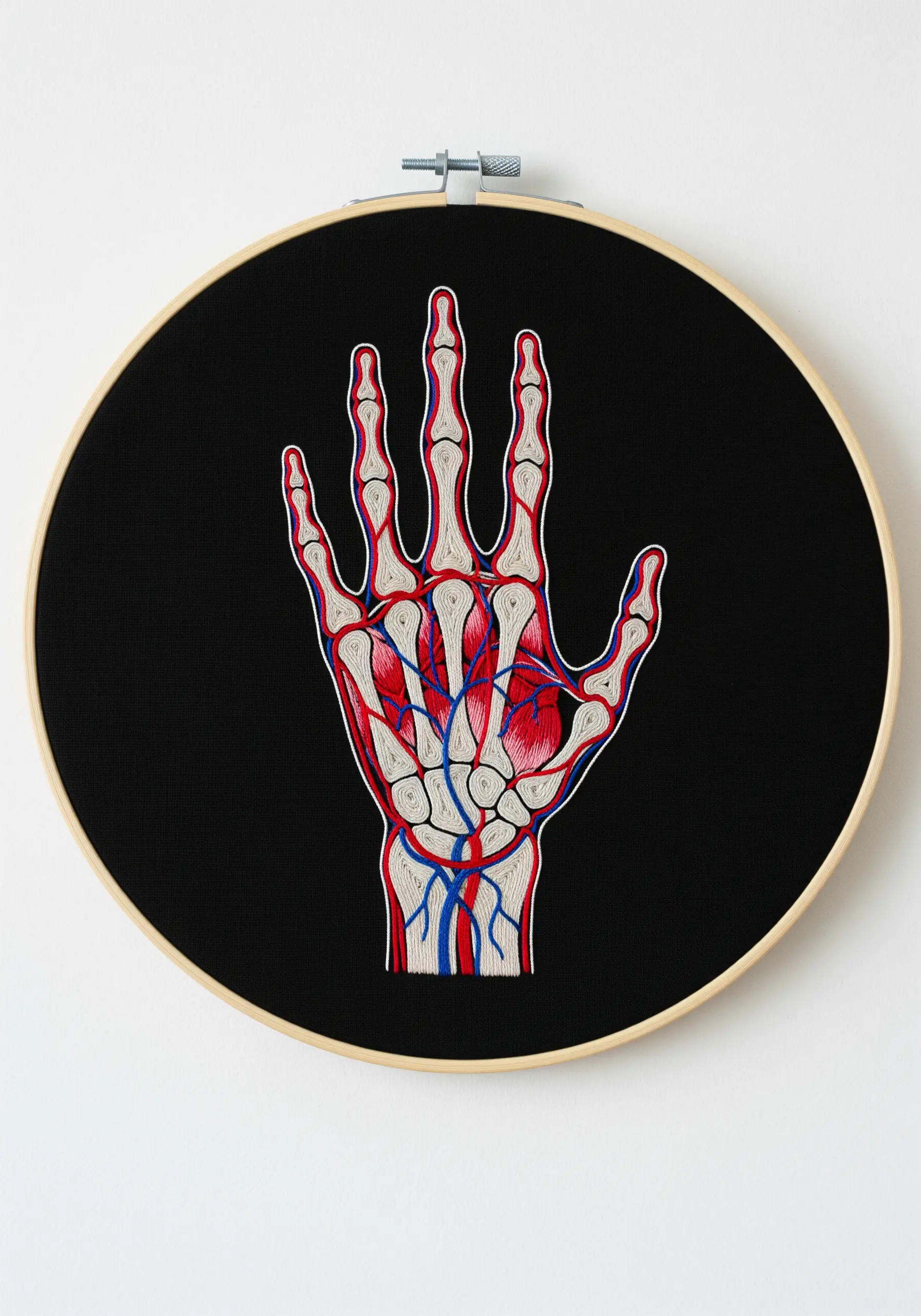 Anatomical embroidery of the bones, veins, and arteries of a human hand on black fabric.