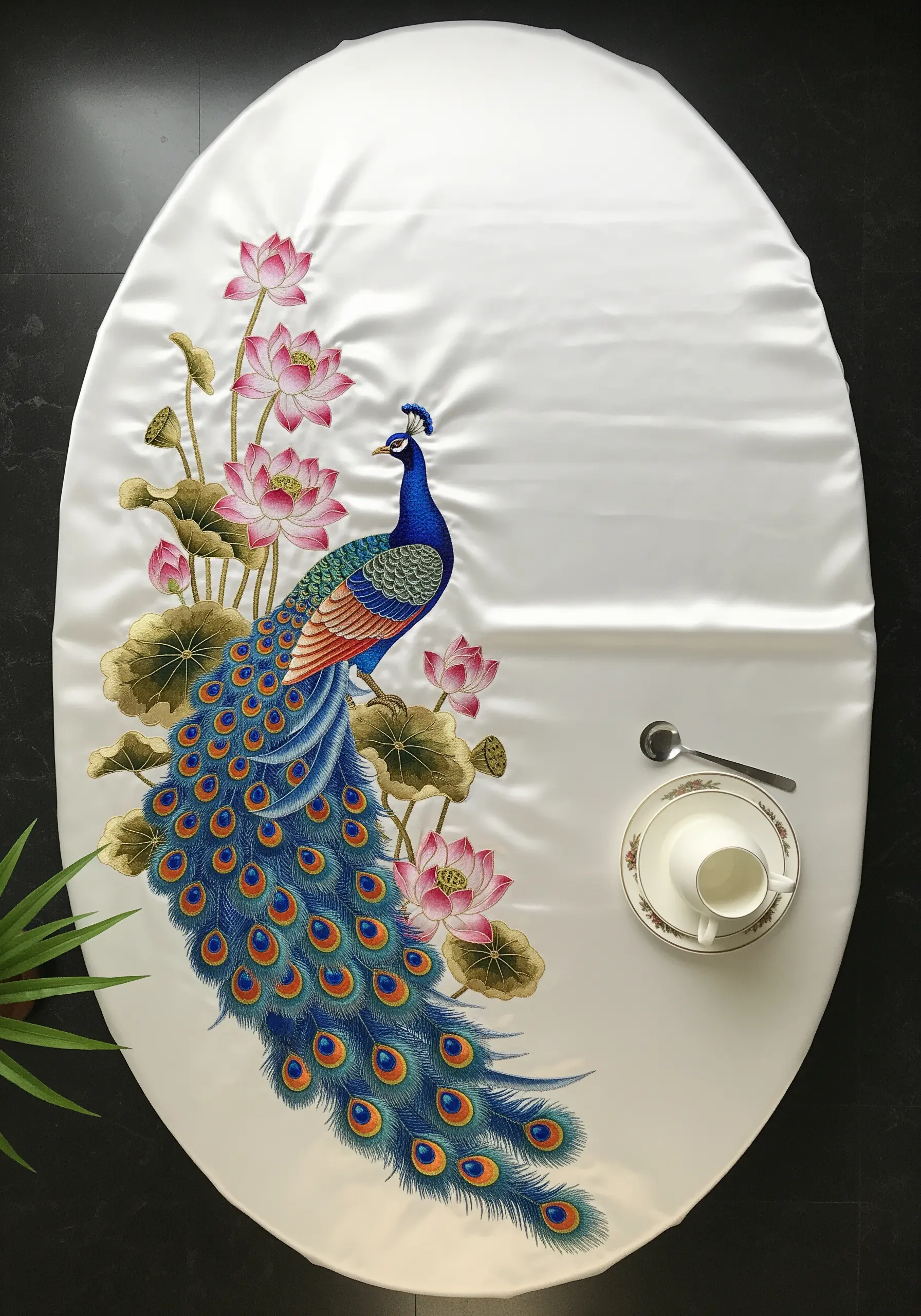 A large peacock embroidered on one side of a white oval tablecloth, surrounded by lotuses.