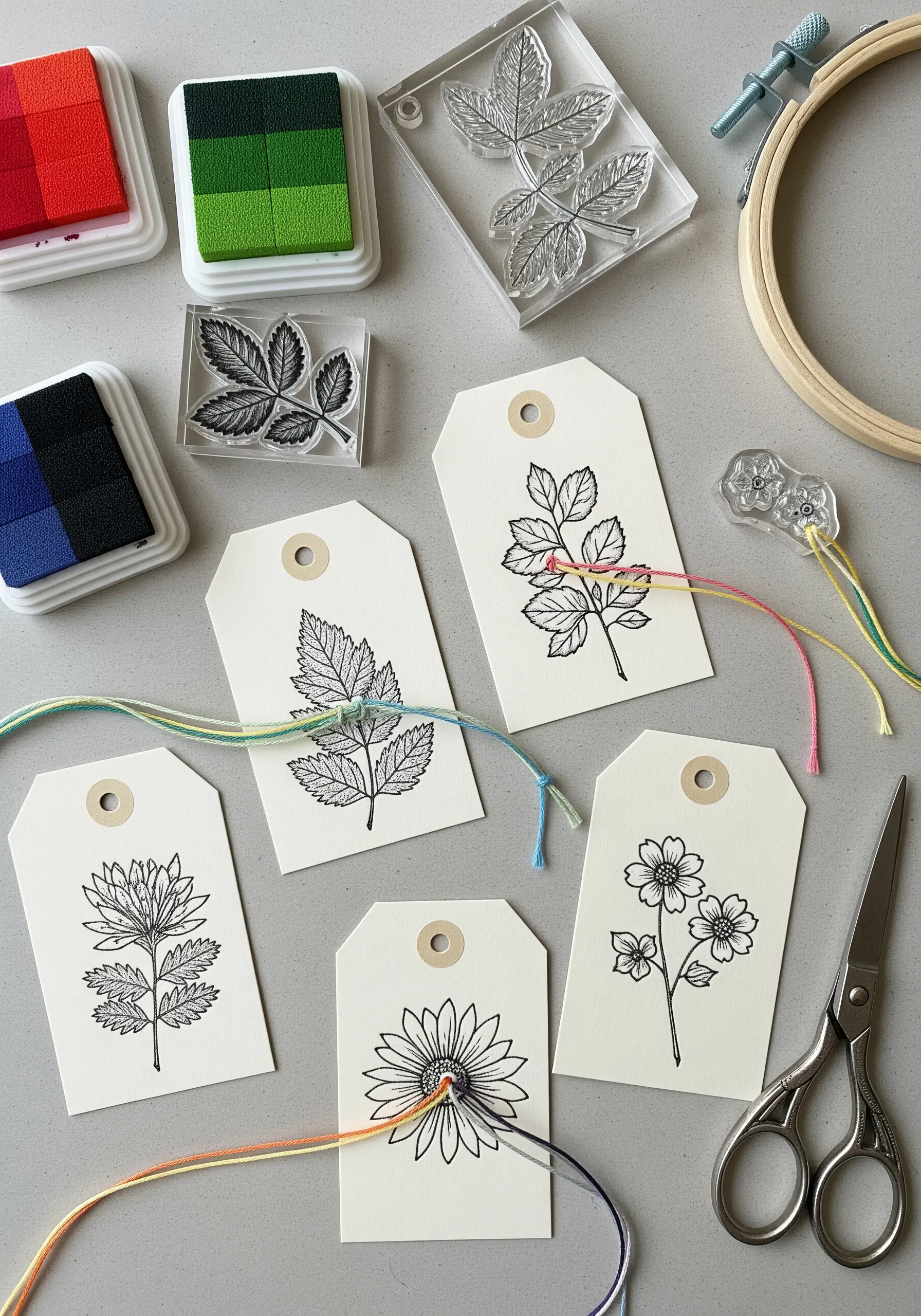 Gift tags with black stamped floral outlines partially filled with colorful variegated embroidery floss.
