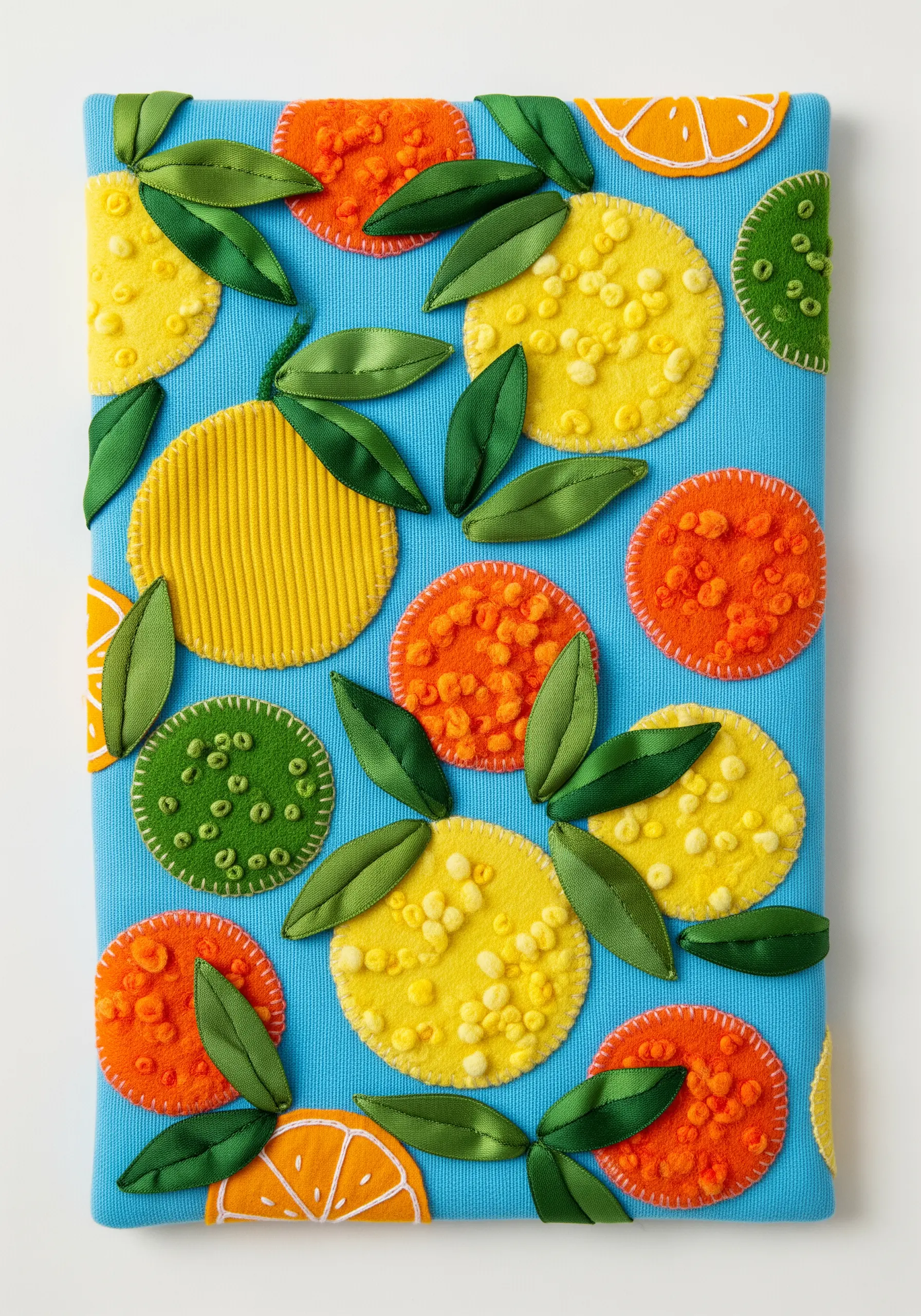 Appliqué of colorful citrus fruits using corduroy and terry cloth on a bright blue background.