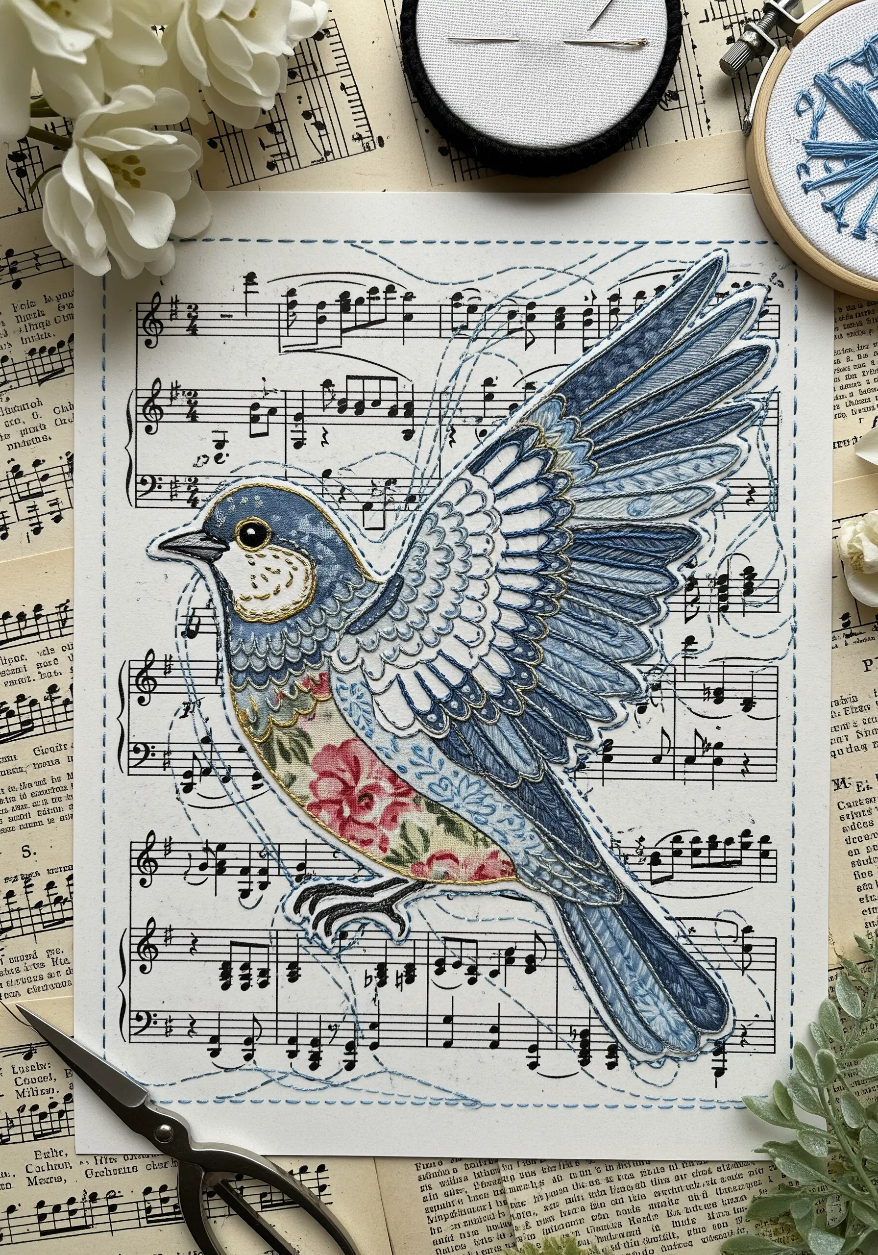 A bird made from patterned fabric appliquéd onto sheet music with blue and gold thread.