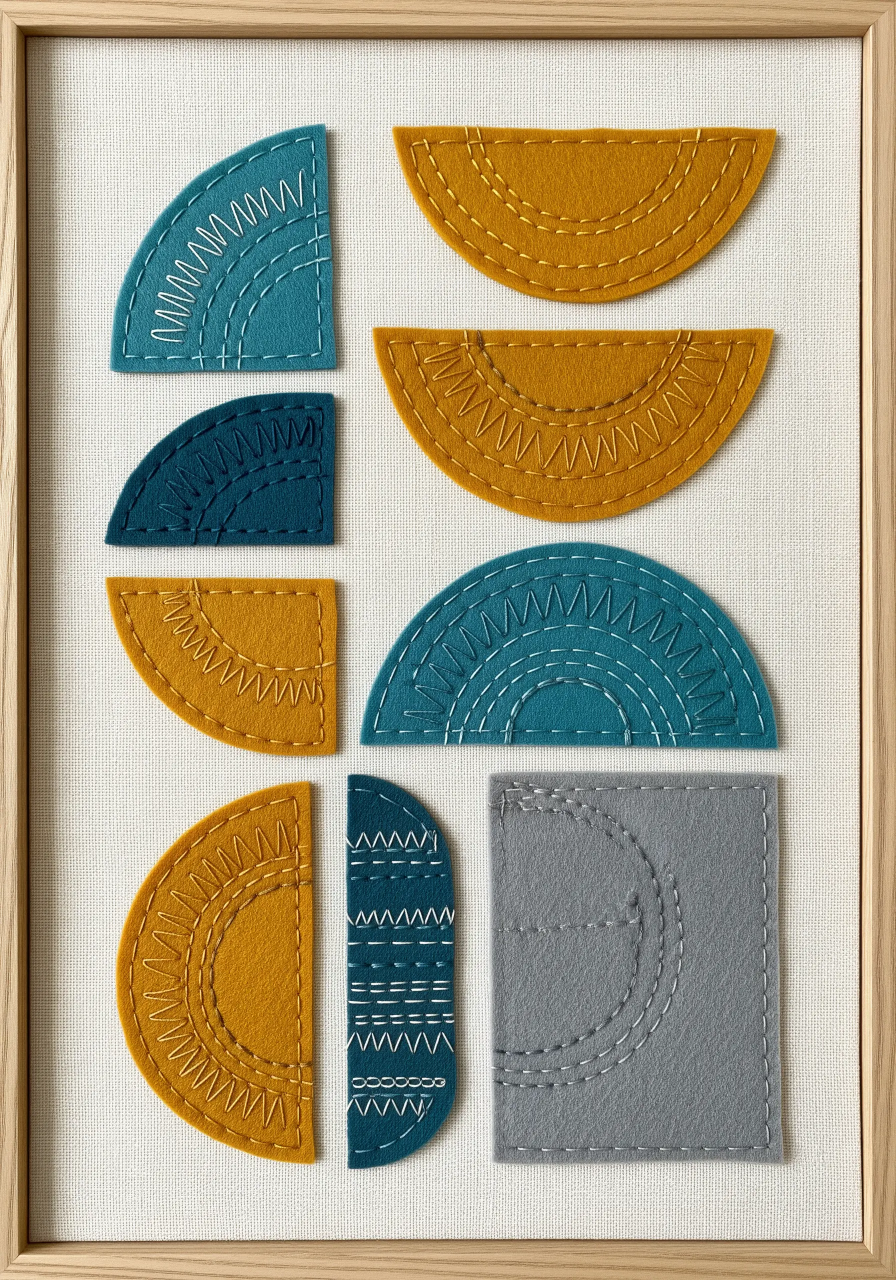 Framed artwork made of cut felt shapes in blue and yellow with decorative white hand stitching.