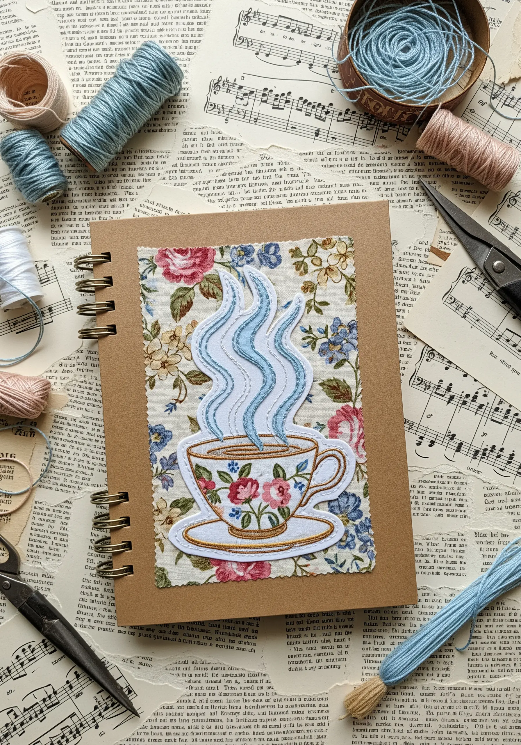 Embroidered teacup appliqué made from floral fabric on a spiral notebook cover