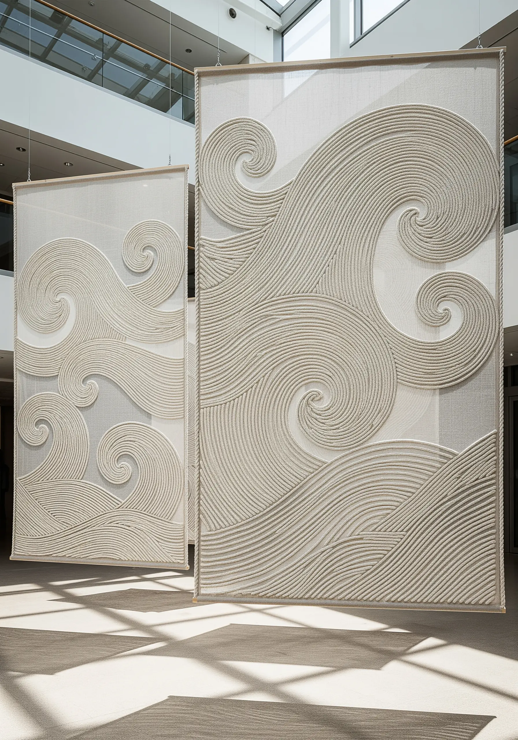 Large-scale architectural panels with thick white rope couched into wave patterns on sheer fabric.