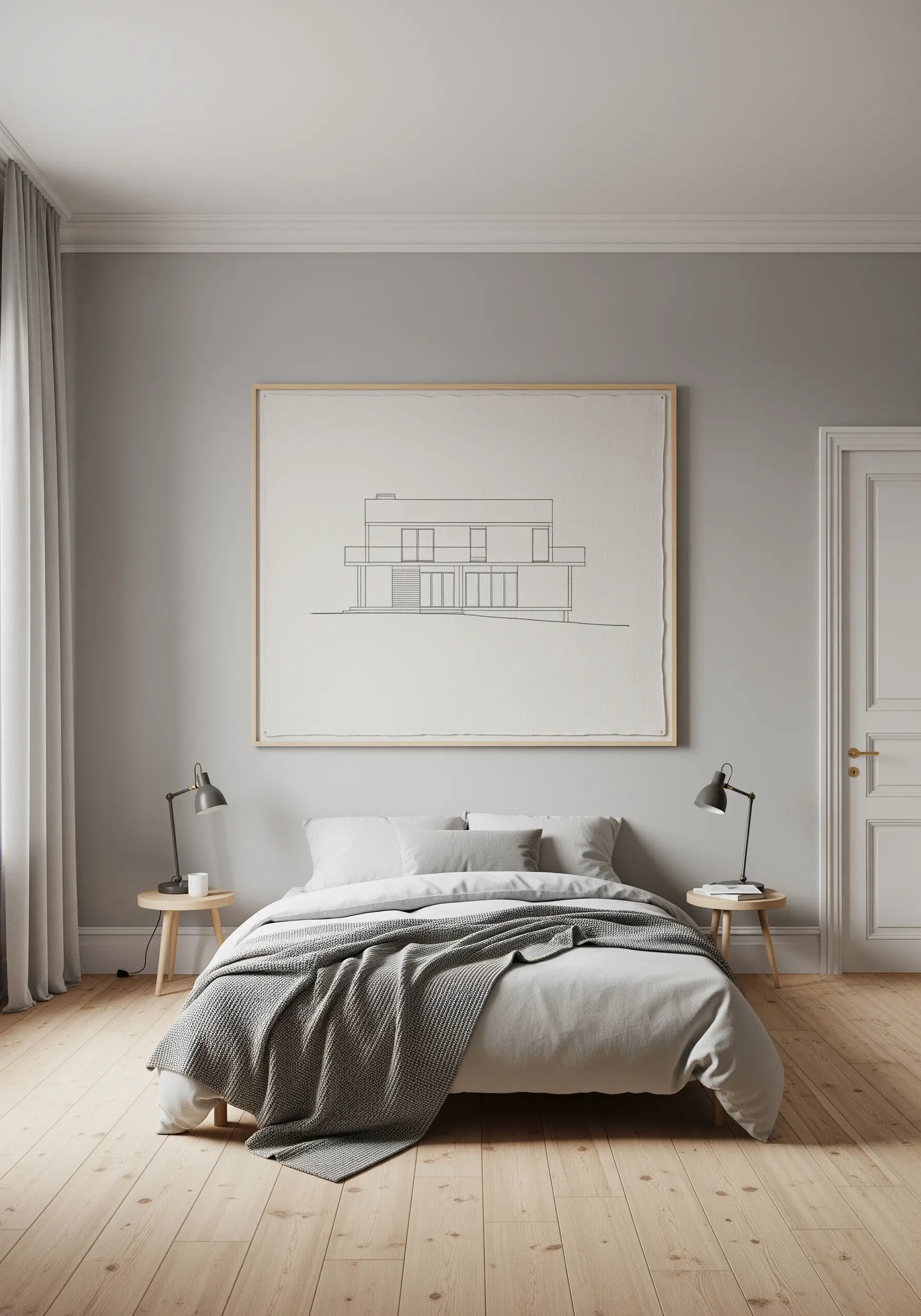 A large-scale architectural drawing embroidered with fine black lines on canvas.