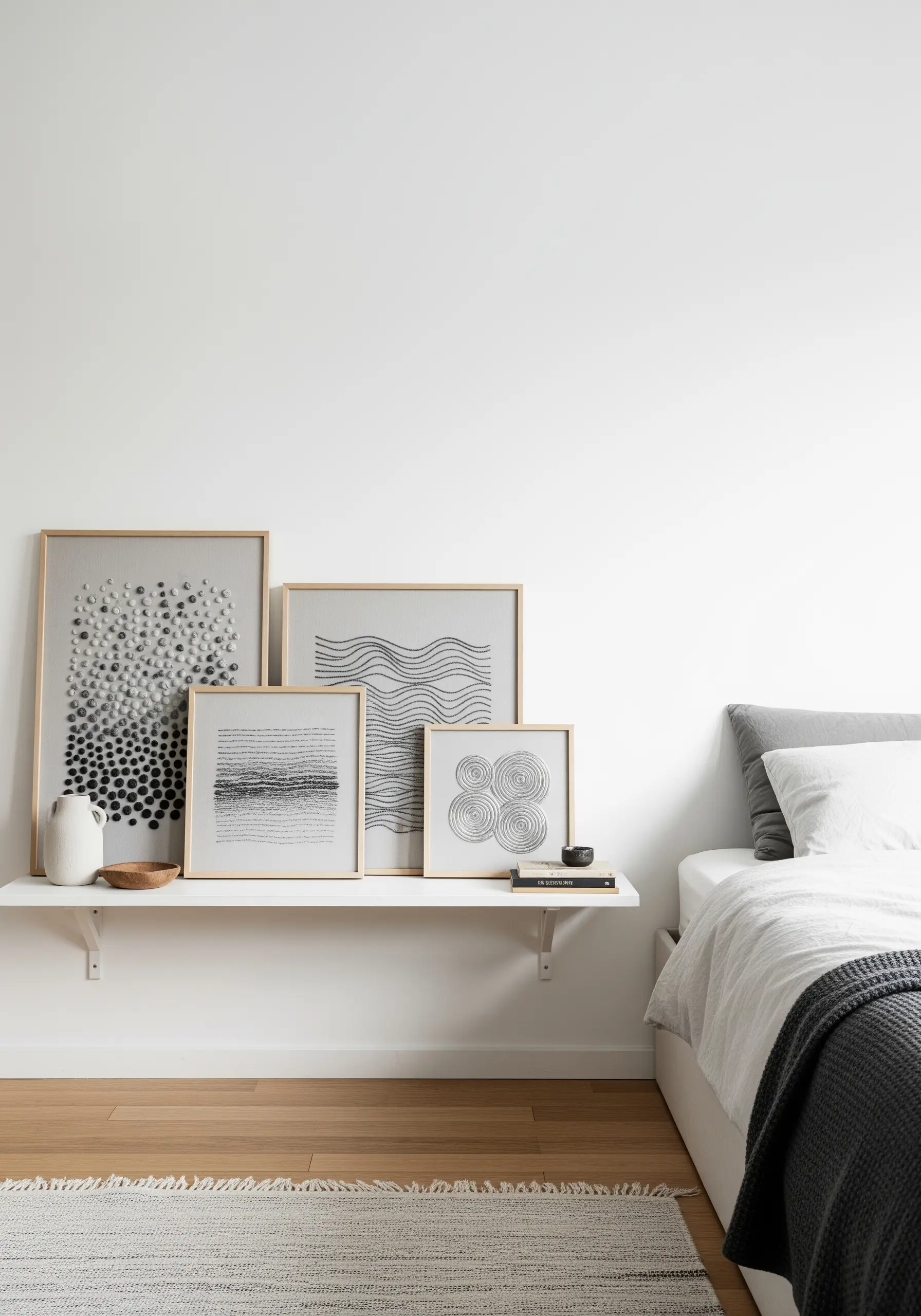 A collection of framed abstract embroidery pieces in black and white, featuring varied textures.