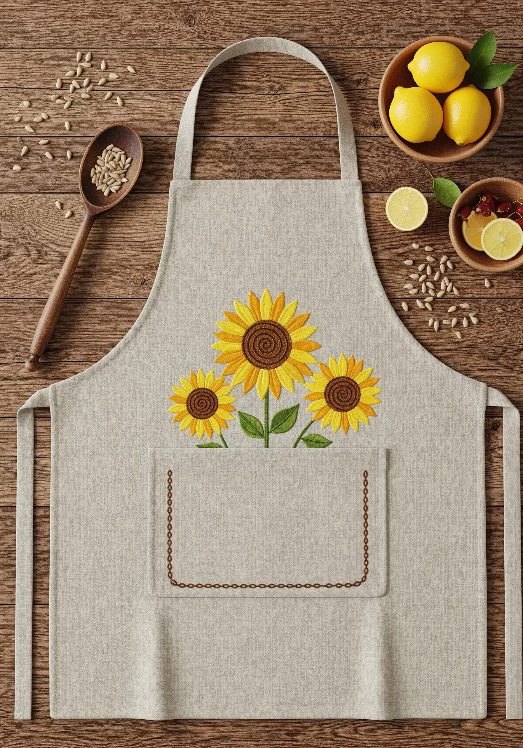Three stylized sunflowers with satin-stitched petals embroidered on a beige apron