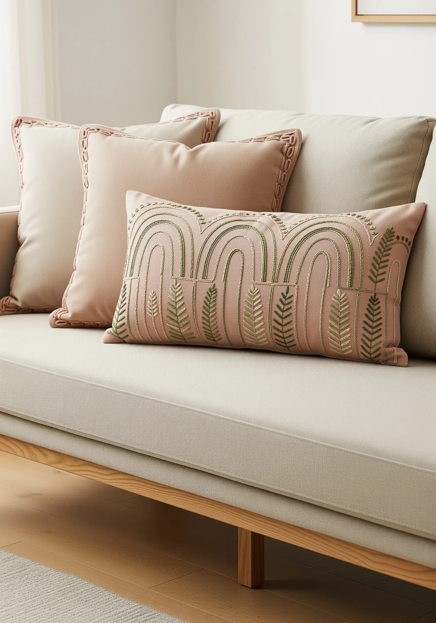 Blush pillow with gold metallic thread in an Art Deco arch and leaf pattern.