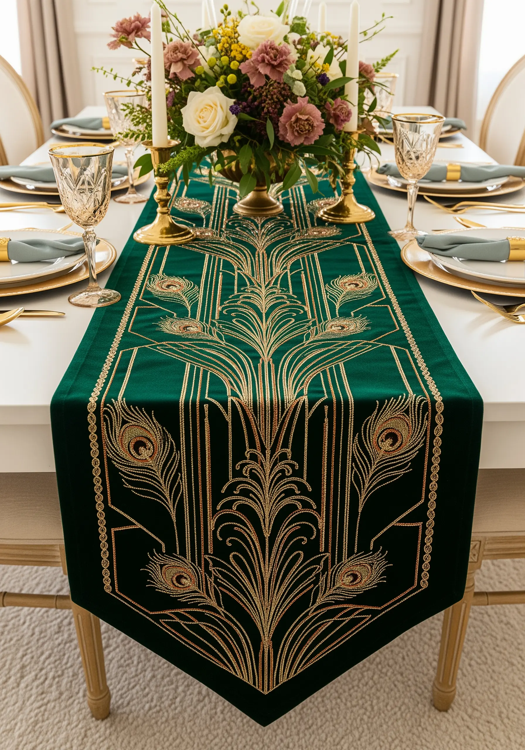 Art Deco-style peacock feather embroidery in gold metallic thread on a green velvet runner.