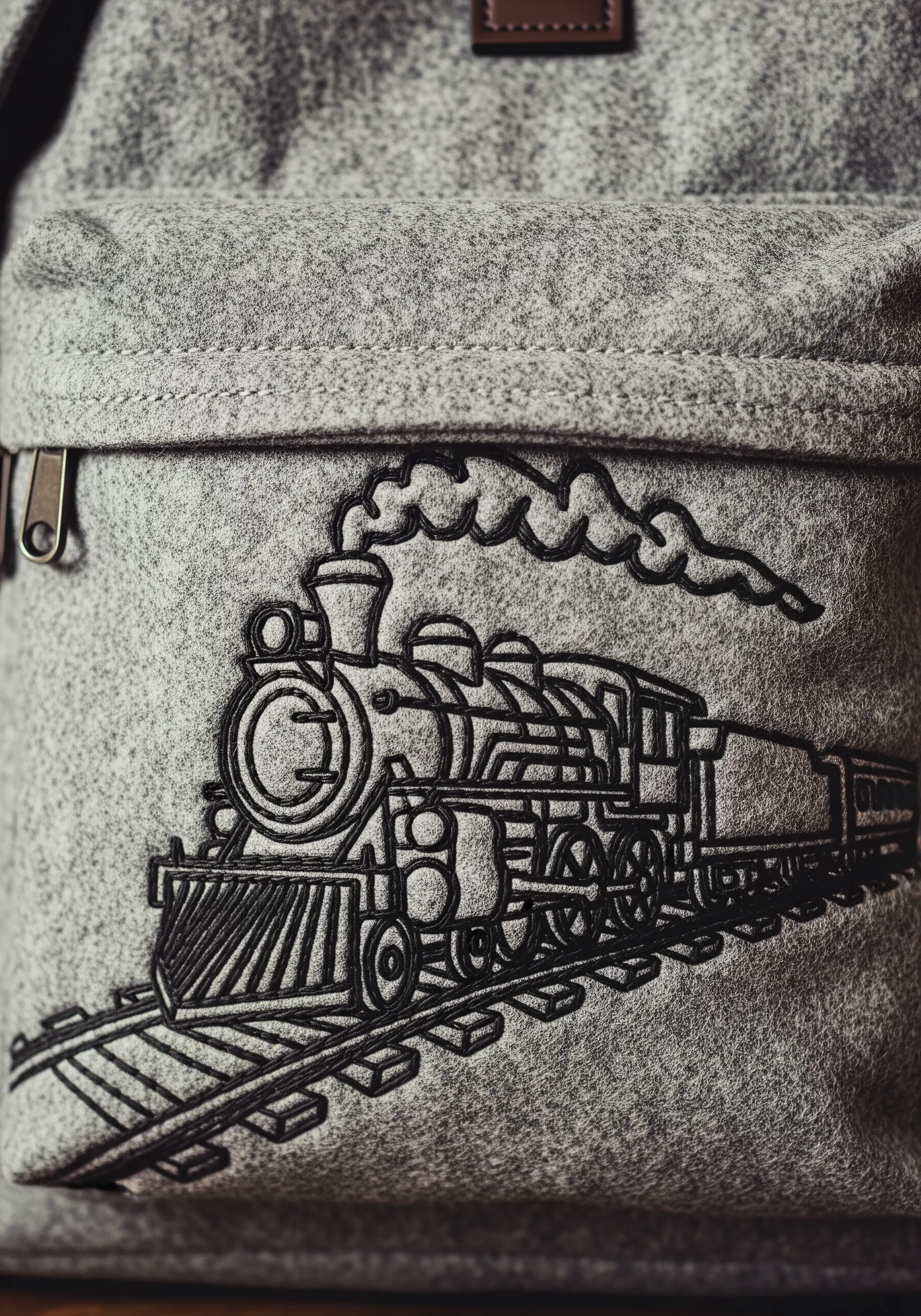 A highly detailed black-thread embroidery of a steam train on a grey felt backpack.