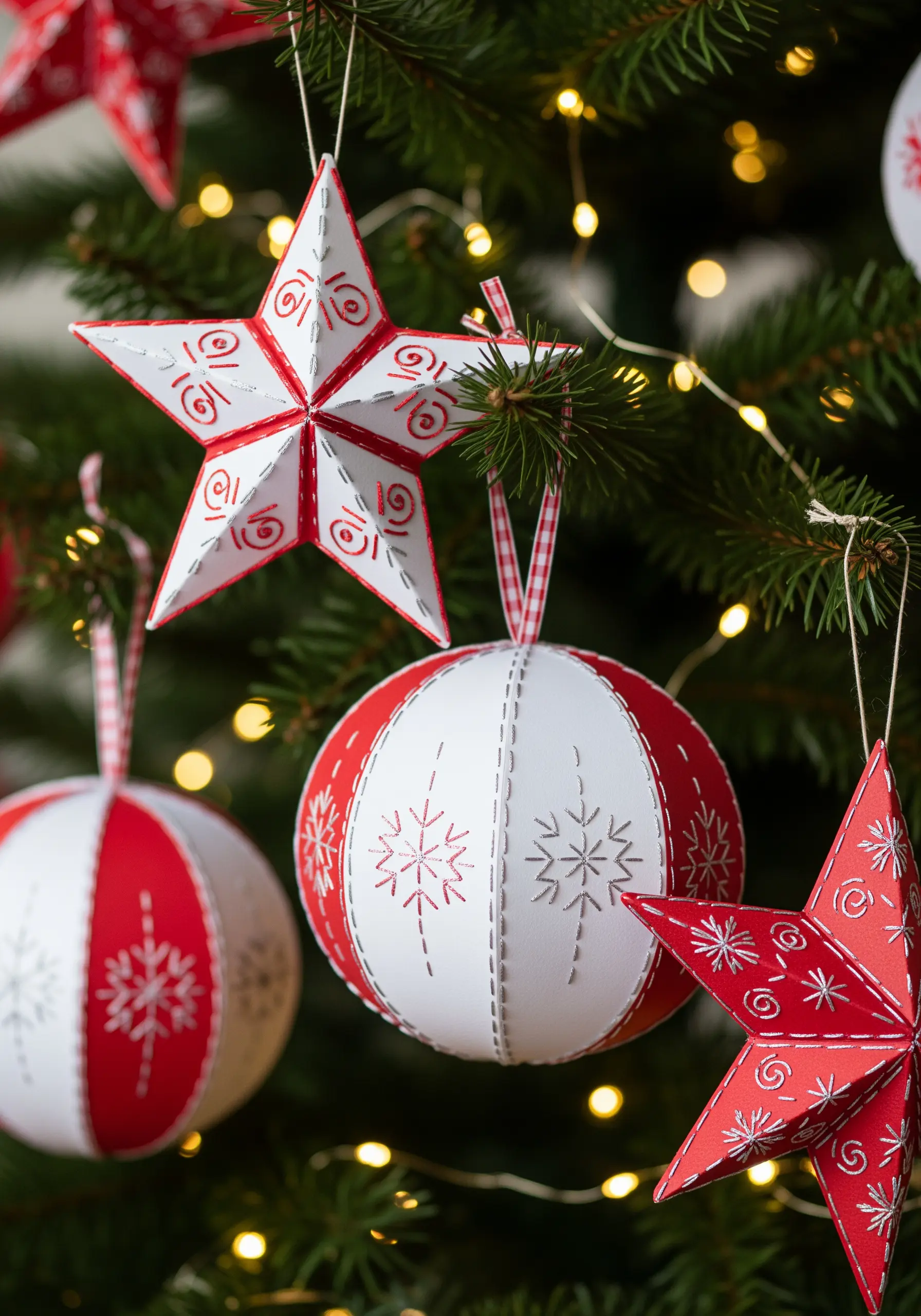 Two 3D paper Christmas ornaments—a star and a bauble—with red and silver stitched snowflake details.